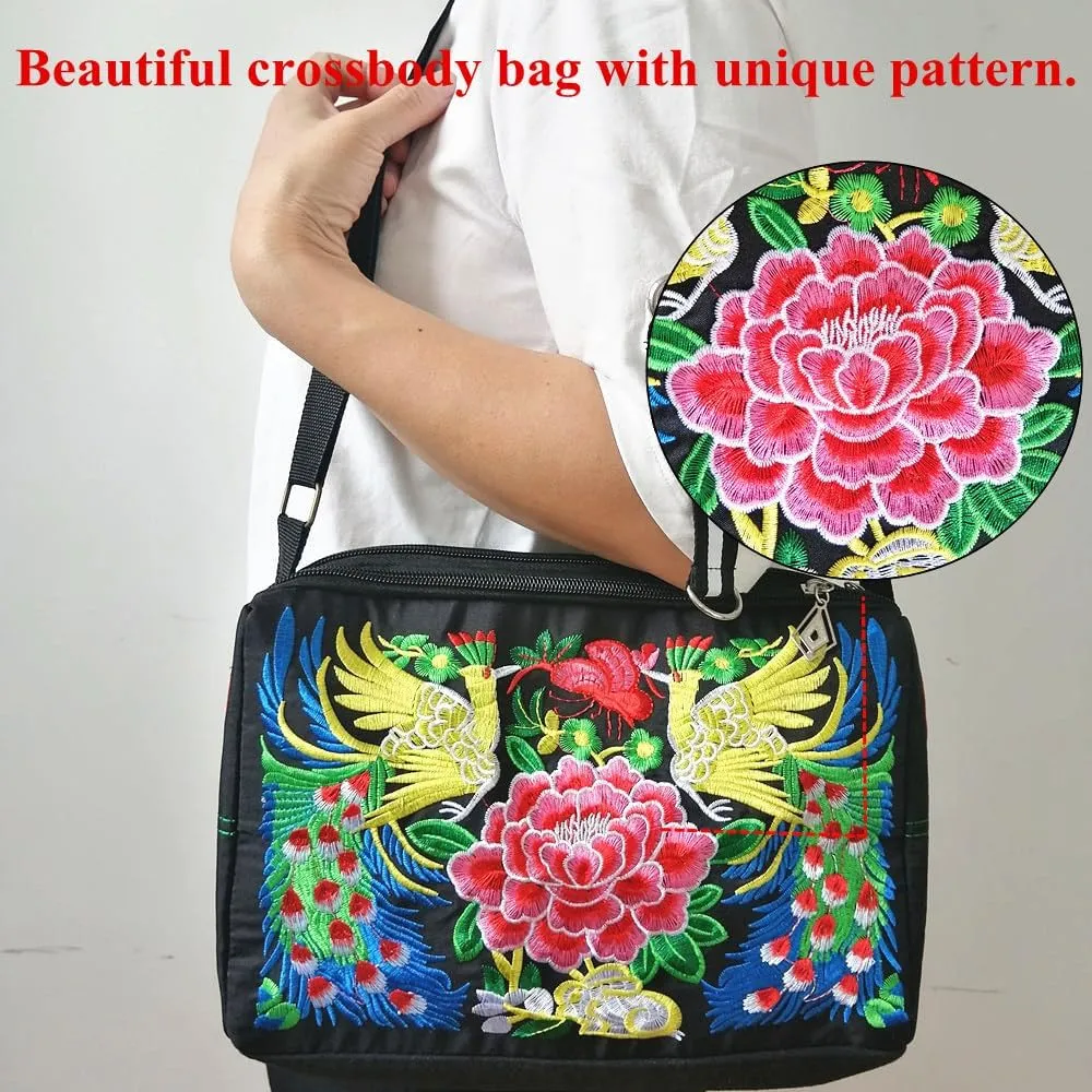 Embroidered Crossbody Bag for Women Triple Zip Cell Phone Purse Vintage Floral Messenger Shoulder Bag