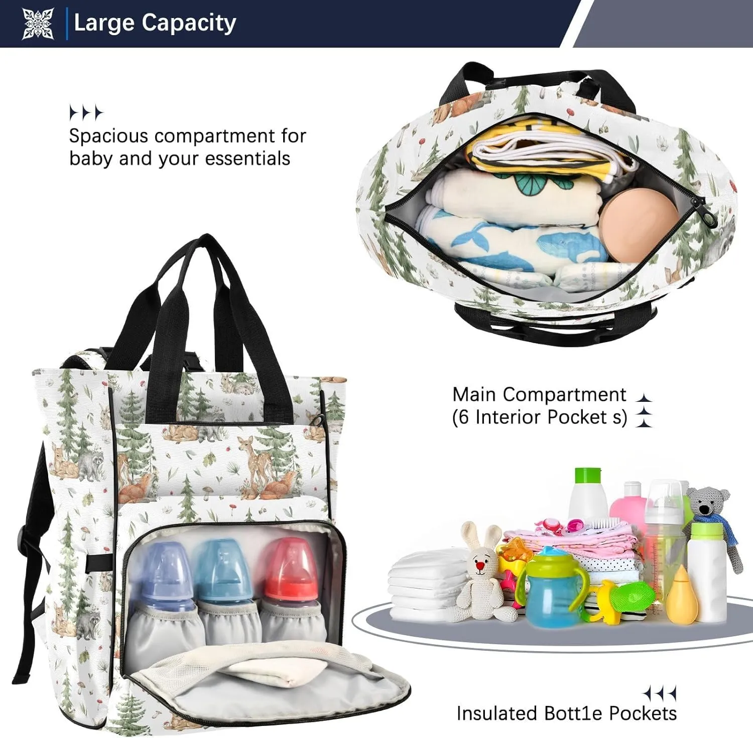 Emelivor Forest Animals Diaper Bag Backpack Large Capacity Travel Baby Bags Backpack Diaper Bags for Boy Girl Travel Mom Women Boys Girls