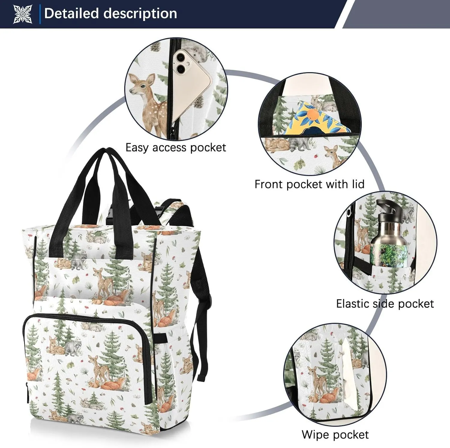 Emelivor Forest Animals Diaper Bag Backpack Large Capacity Travel Baby Bags Backpack Diaper Bags for Boy Girl Travel Mom Women Boys Girls