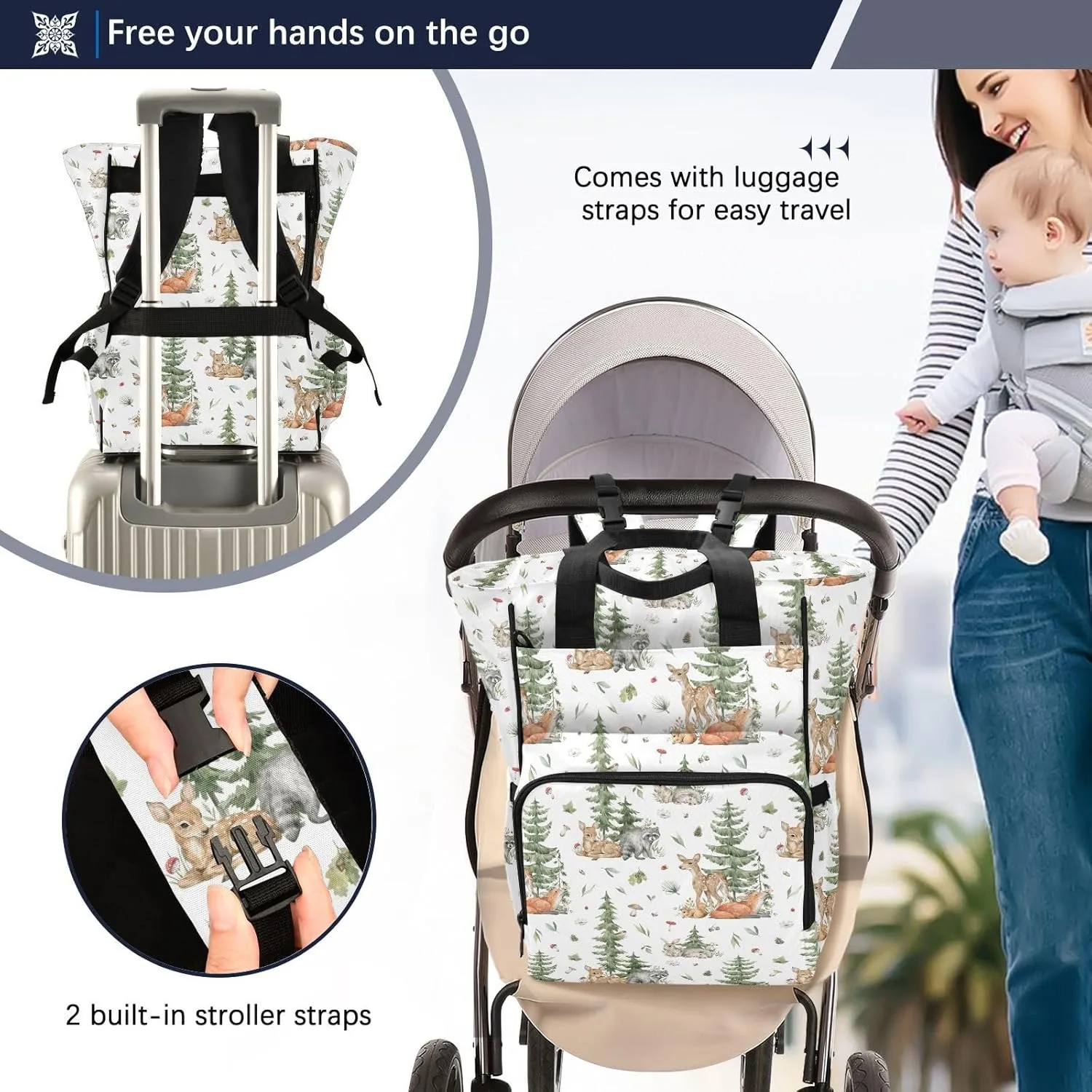 Emelivor Forest Animals Diaper Bag Backpack Large Capacity Travel Baby Bags Backpack Diaper Bags for Boy Girl Travel Mom Women Boys Girls