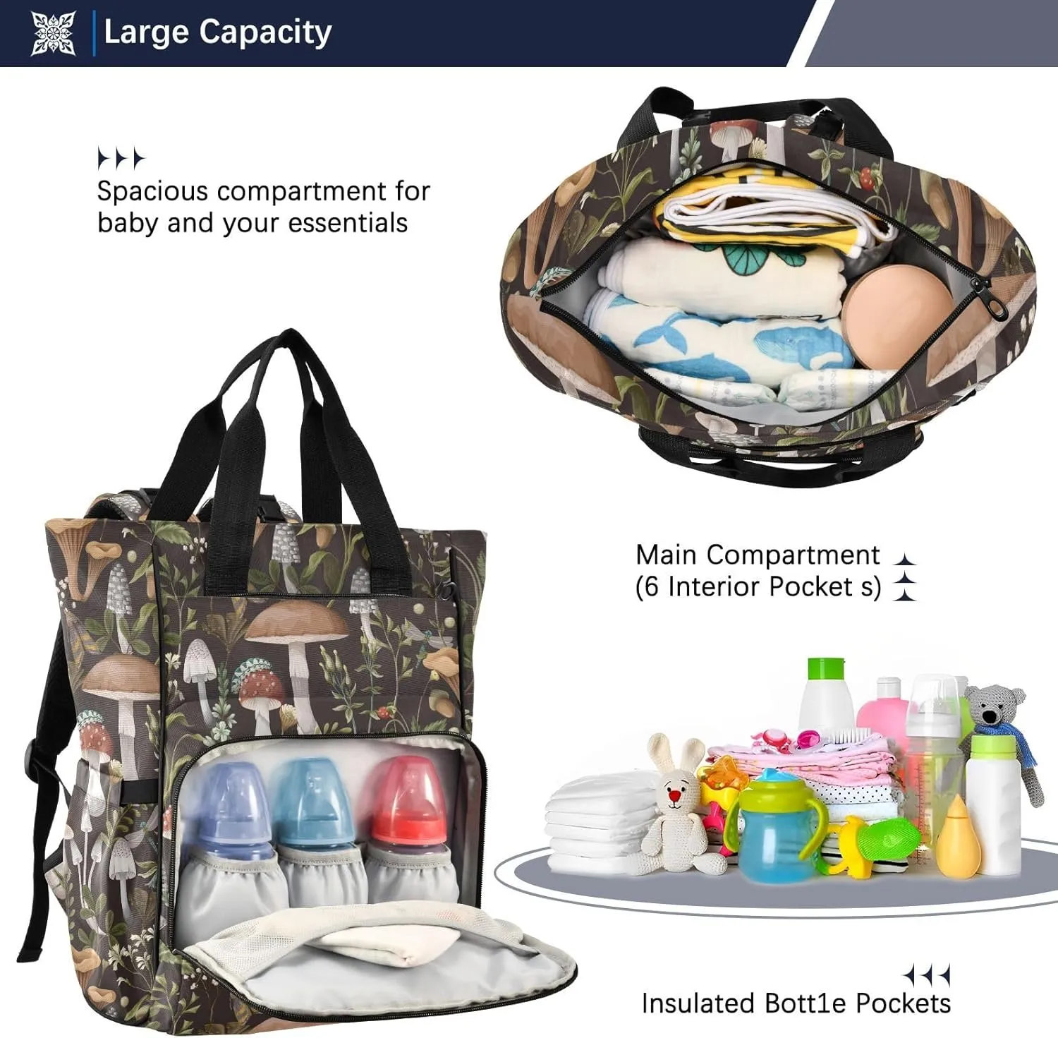 Emelivor Mushrooms Diaper Bag Backpack Large Capacity Travel Baby Bags Backpack Diaper Bags for Boy Girl Unisex Baby Women Travel