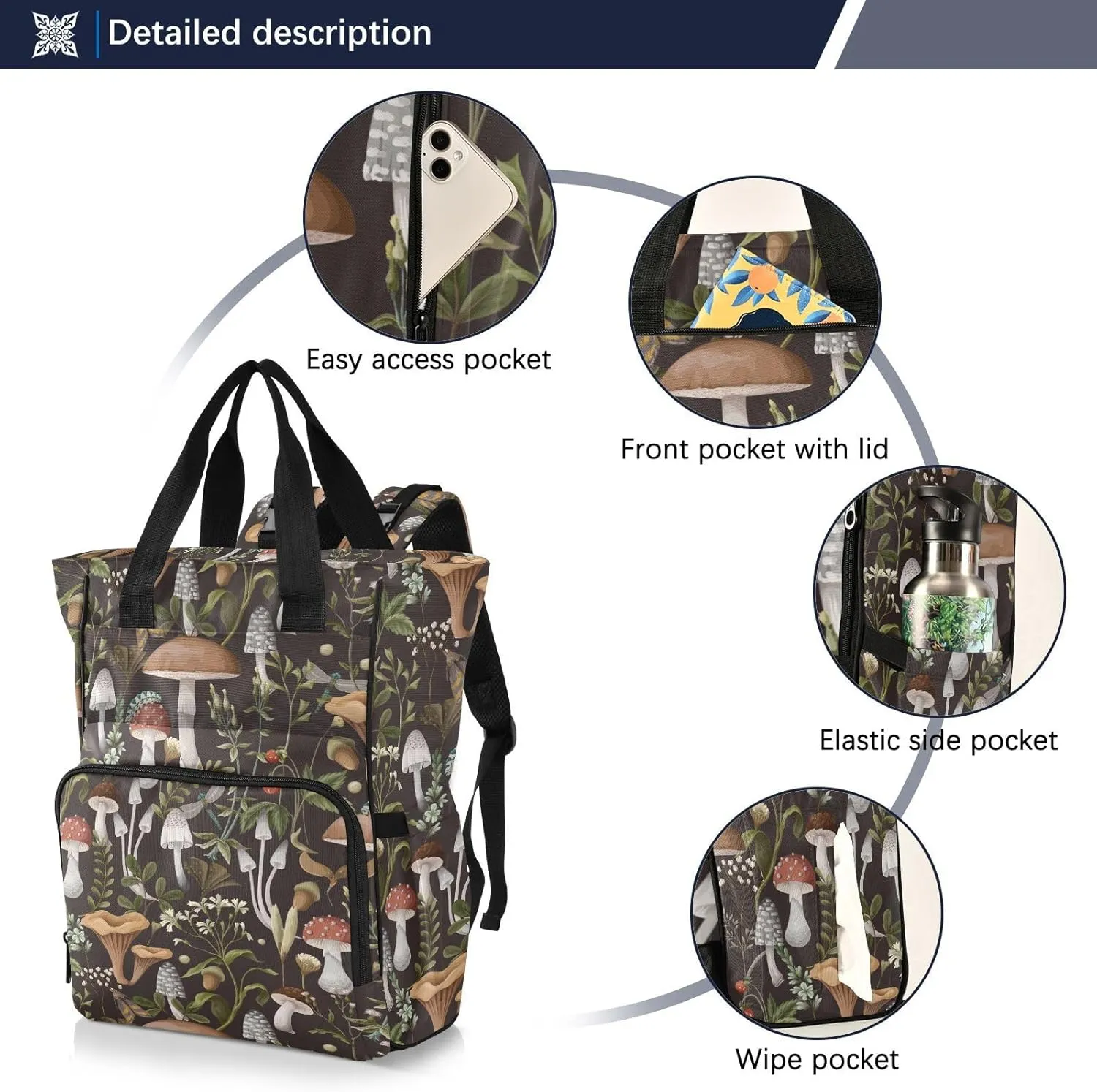 Emelivor Mushrooms Diaper Bag Backpack Large Capacity Travel Baby Bags Backpack Diaper Bags for Boy Girl Unisex Baby Women Travel