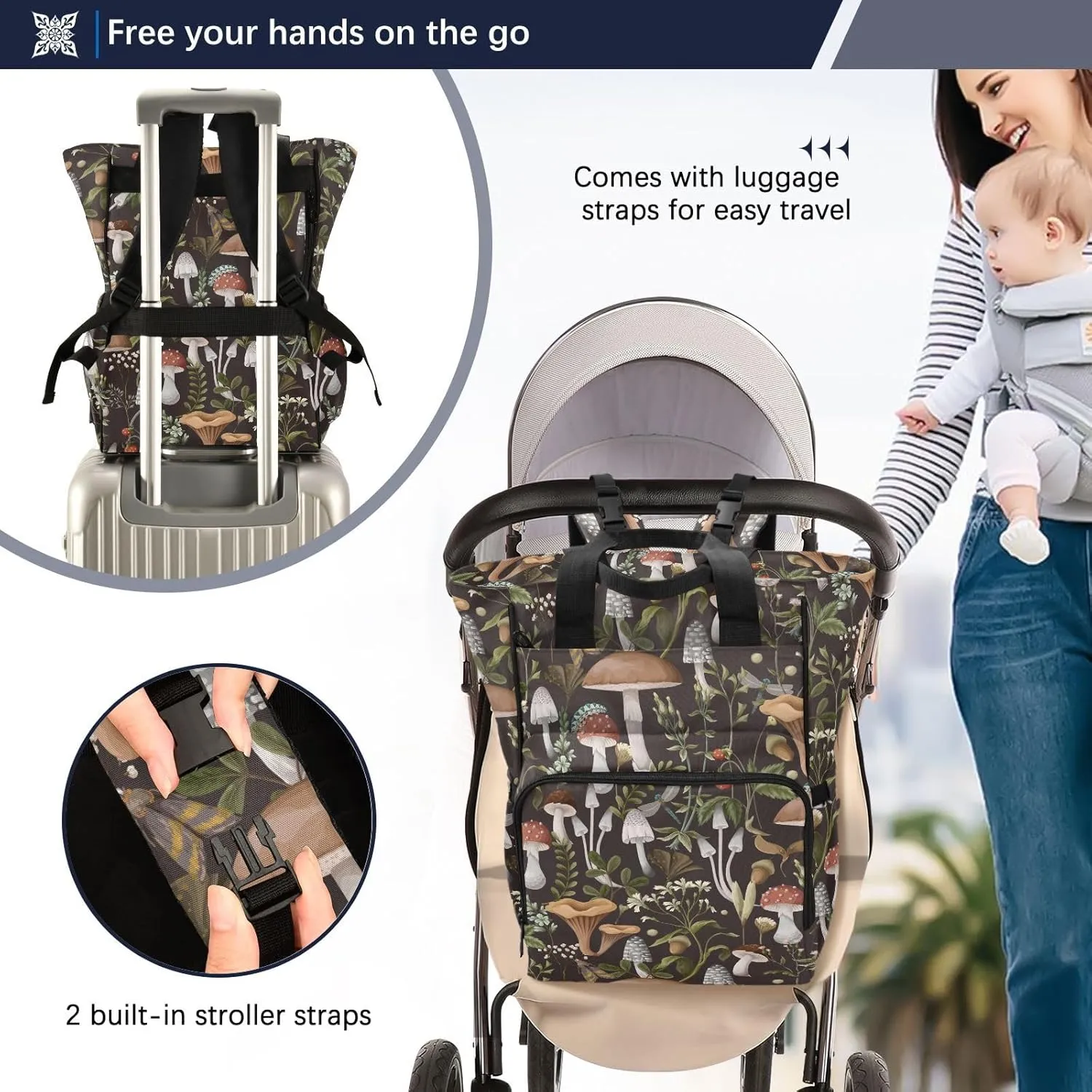 Emelivor Mushrooms Diaper Bag Backpack Large Capacity Travel Baby Bags Backpack Diaper Bags for Boy Girl Unisex Baby Women Travel