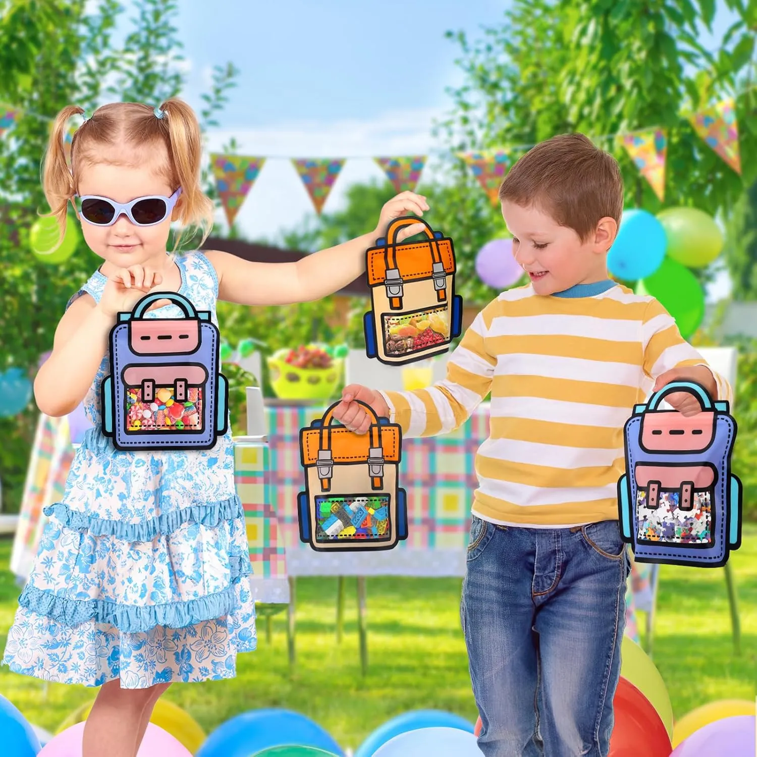 EONSUI 30PCS Plastic Gift Bags with Handles, Cartoon Backpack Bags for Party, Wedding, Birthday, Baby Shower, Bulk Goodie Bags for Candy, Party Favors, Snacks (Mixed Color, Large)