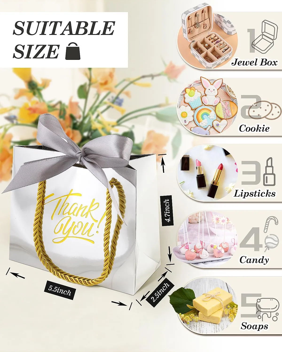 EQOREIIN 30 Pack Small Thank You Gift Bags with Handles 5.5 x 2.4 x 4.7 Inches Mini Silver Gift Bags with Bow Ribbon Tiny Party Favor Bag Bulk for Graduation Mother's Day Baby Shower Wedding (Silver)