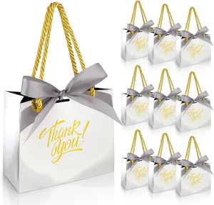 EQOREIIN 30 Pack Small Thank You Gift Bags with Handles 5.5 x 2.4 x 4.7 Inches Mini Silver Gift Bags with Bow Ribbon Tiny Party Favor Bag Bulk for Graduation Mother's Day Baby Shower Wedding (Silver)