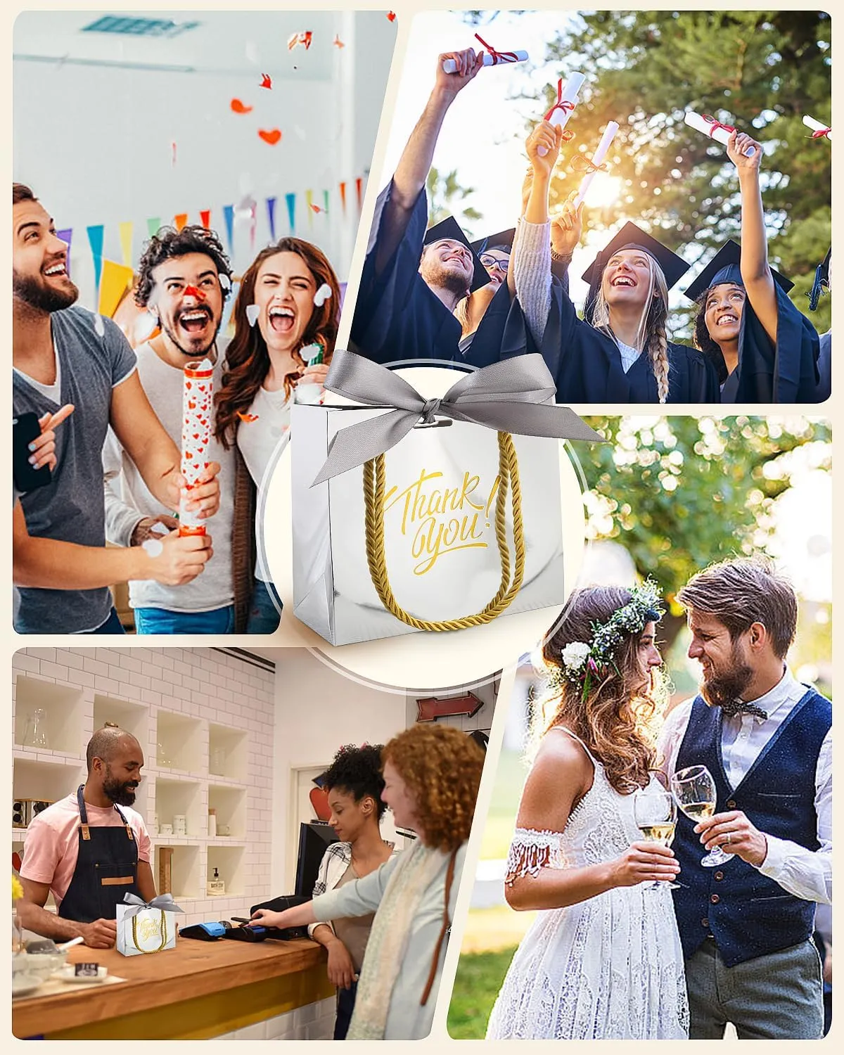 EQOREIIN 30 Pack Small Thank You Gift Bags with Handles 5.5 x 2.4 x 4.7 Inches Mini Silver Gift Bags with Bow Ribbon Tiny Party Favor Bag Bulk for Graduation Mother's Day Baby Shower Wedding (Silver)