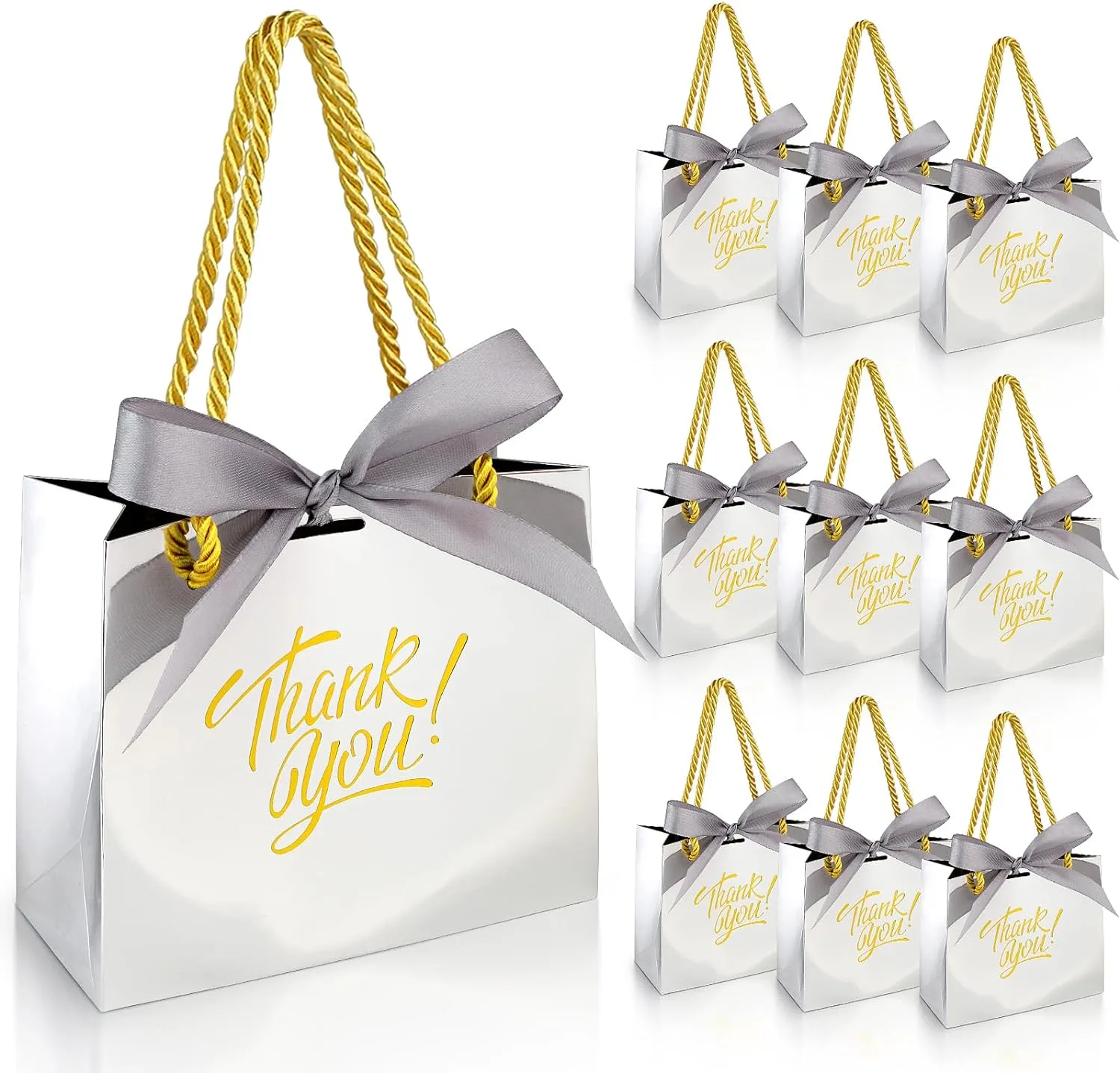 EQOREIIN 30 Pack Small Thank You Gift Bags with Handles 5.5 x 2.4 x 4.7 Inches Mini Silver Gift Bags with Bow Ribbon Tiny Party Favor Bag Bulk for Graduation Mother's Day Baby Shower Wedding (Silver)