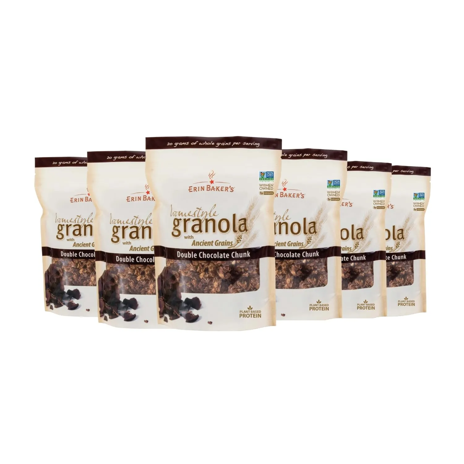 Erin Baker's Homestyle Granola Cereal with Ancient Grains, Double Chocolate - Made from Natural Ingredients, Source of Plant-Based Protein - Vegan Friendly, Non-GMO, 12oz Bags, 6-Pack