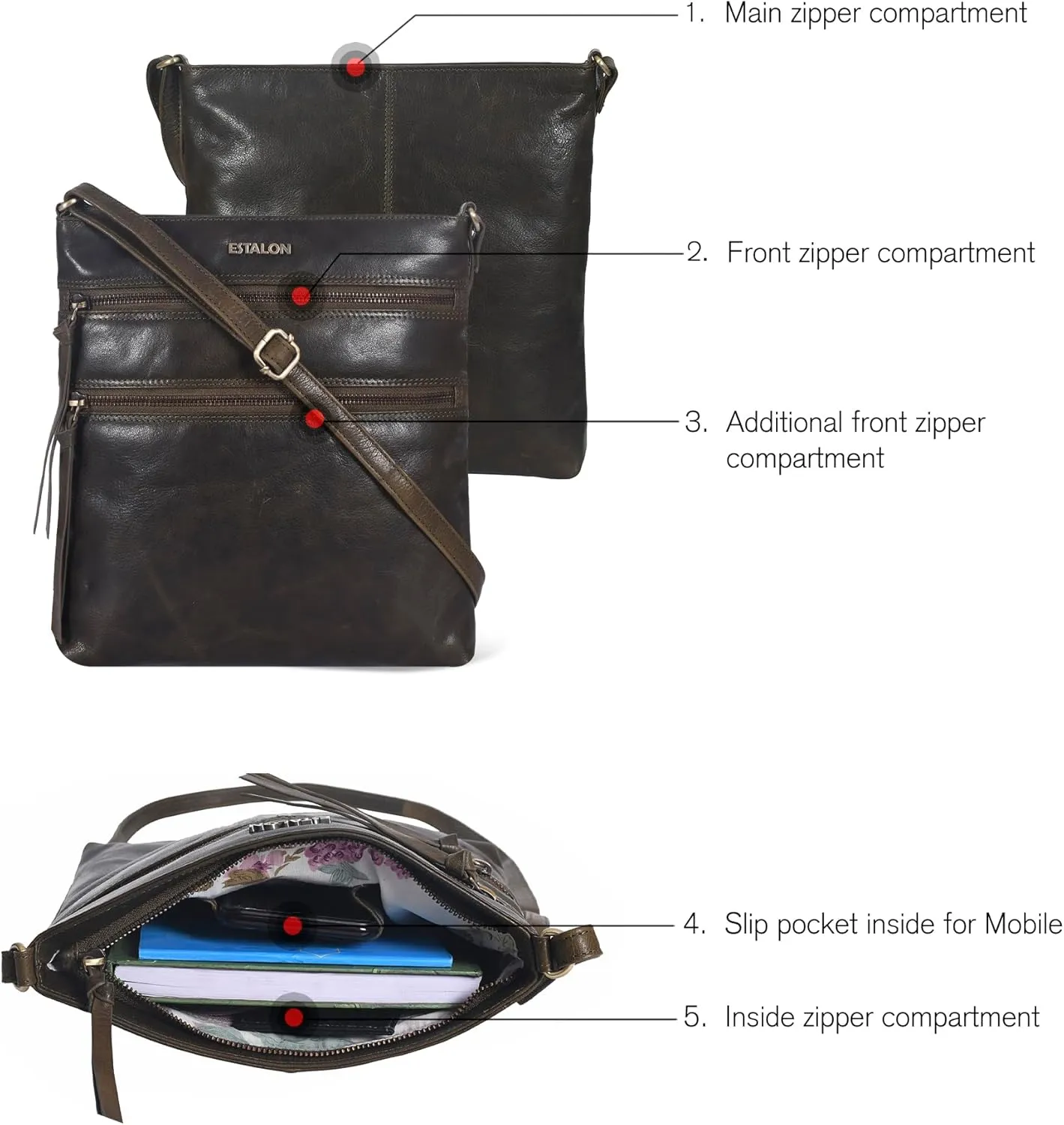 ESTALON Women's Genuine Leather Crossbody Bag With Adjustable Sling Strap - Medium Size Crossover Shoulder Purse