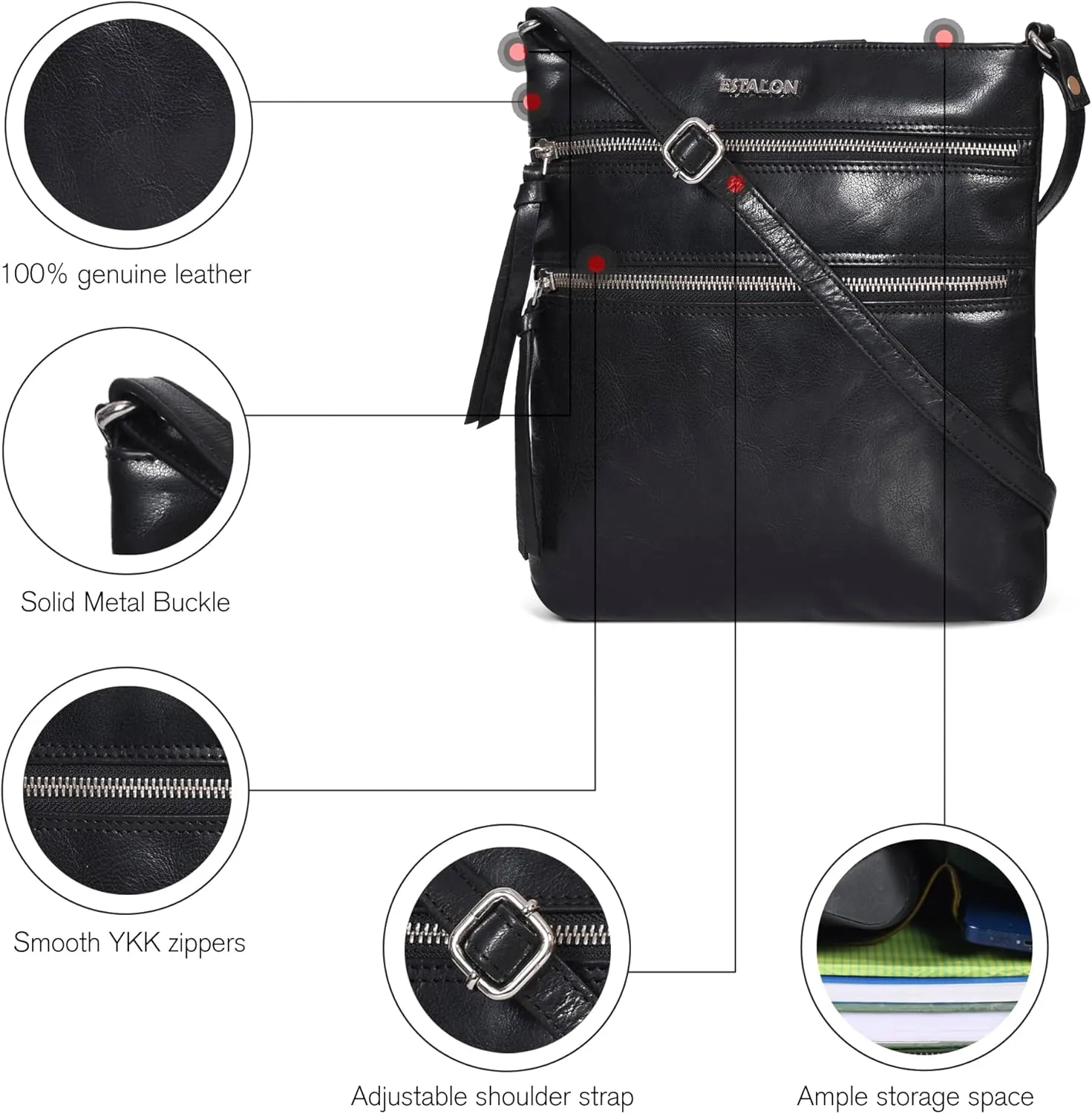 ESTALON Women's Genuine Leather Crossbody Bag With Adjustable Sling Strap - Medium Size Crossover Shoulder Purse