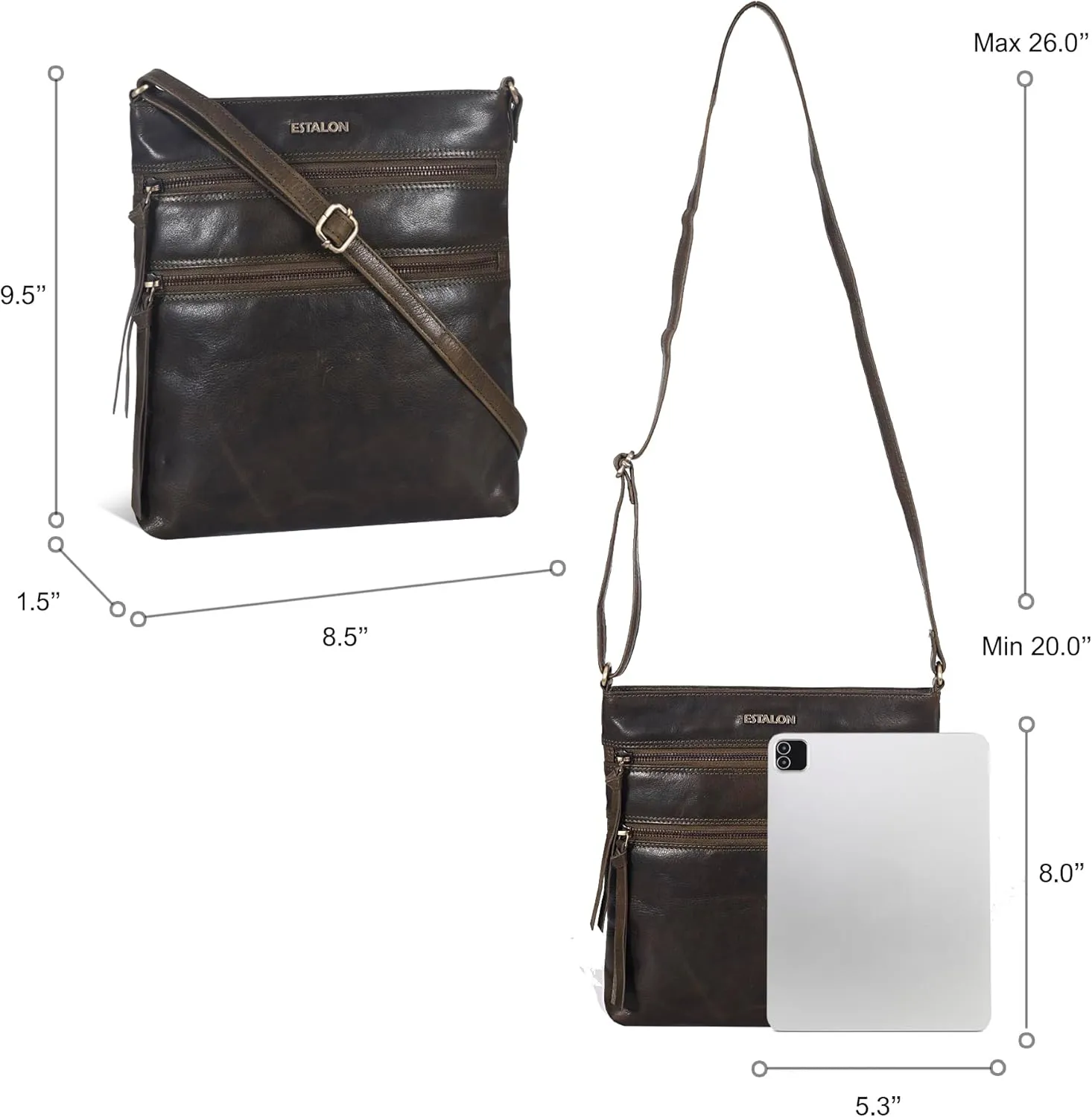 ESTALON Women's Genuine Leather Crossbody Bag With Adjustable Sling Strap - Medium Size Crossover Shoulder Purse