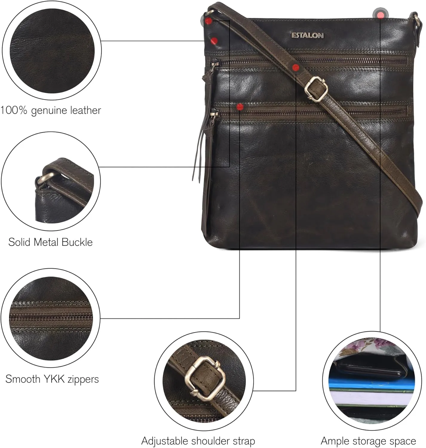 ESTALON Women's Genuine Leather Crossbody Bag With Adjustable Sling Strap - Medium Size Crossover Shoulder Purse