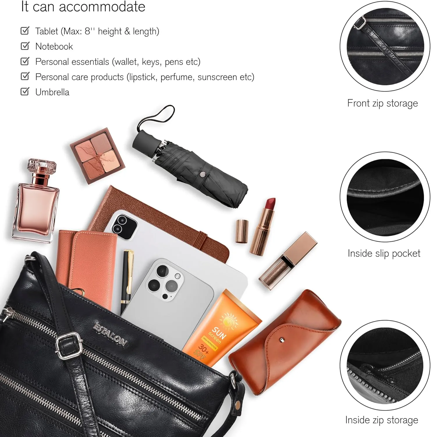 ESTALON Women's Genuine Leather Crossbody Bag With Adjustable Sling Strap - Medium Size Crossover Shoulder Purse