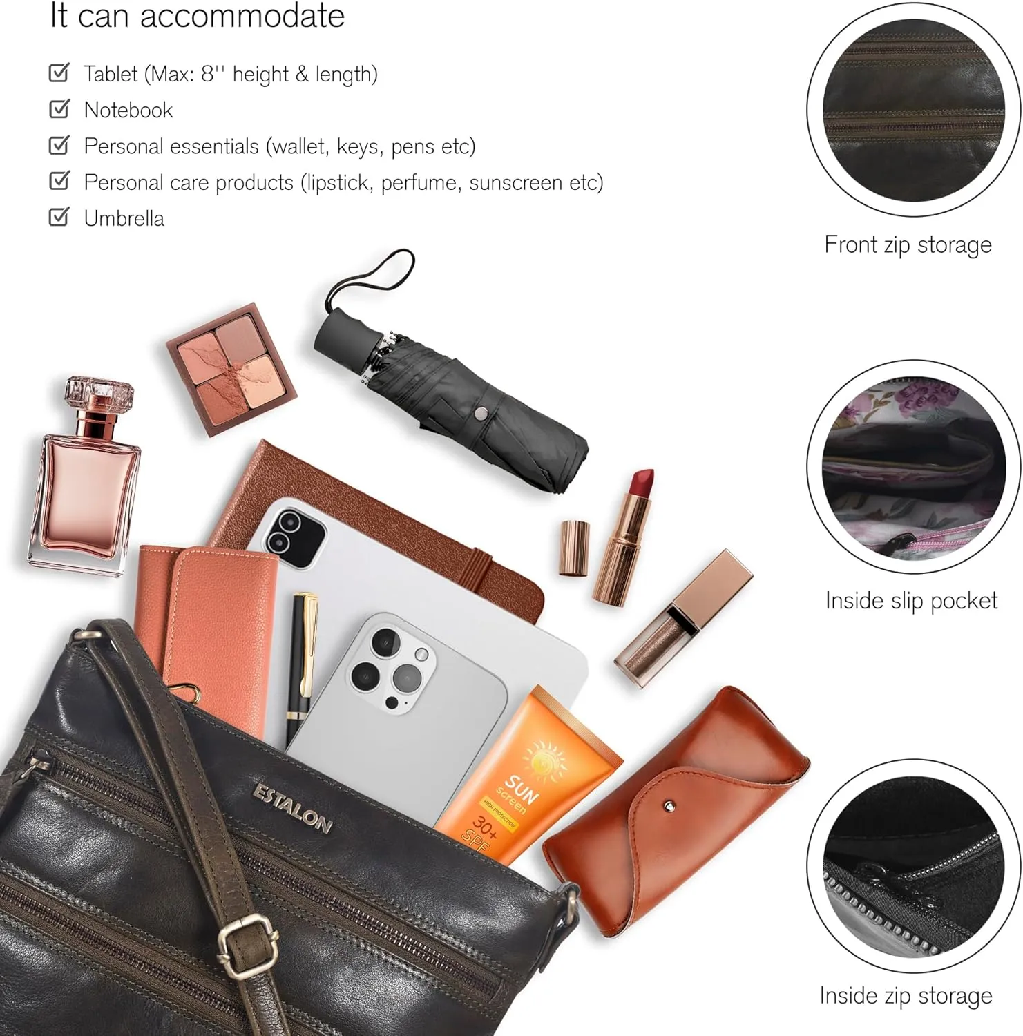 ESTALON Women's Genuine Leather Crossbody Bag With Adjustable Sling Strap - Medium Size Crossover Shoulder Purse