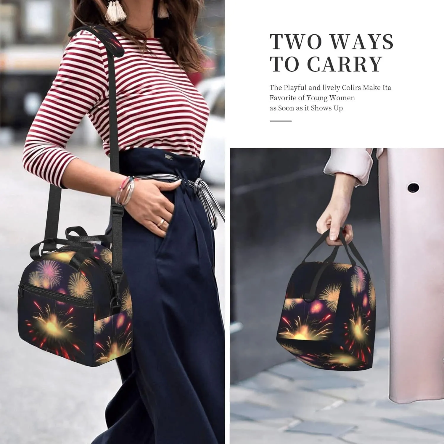Explosion Fireworks 3d Print Crossbody Insulated Lunch Bags For Women Men Cooler Bag Lightweight Waterproof Lunch Box