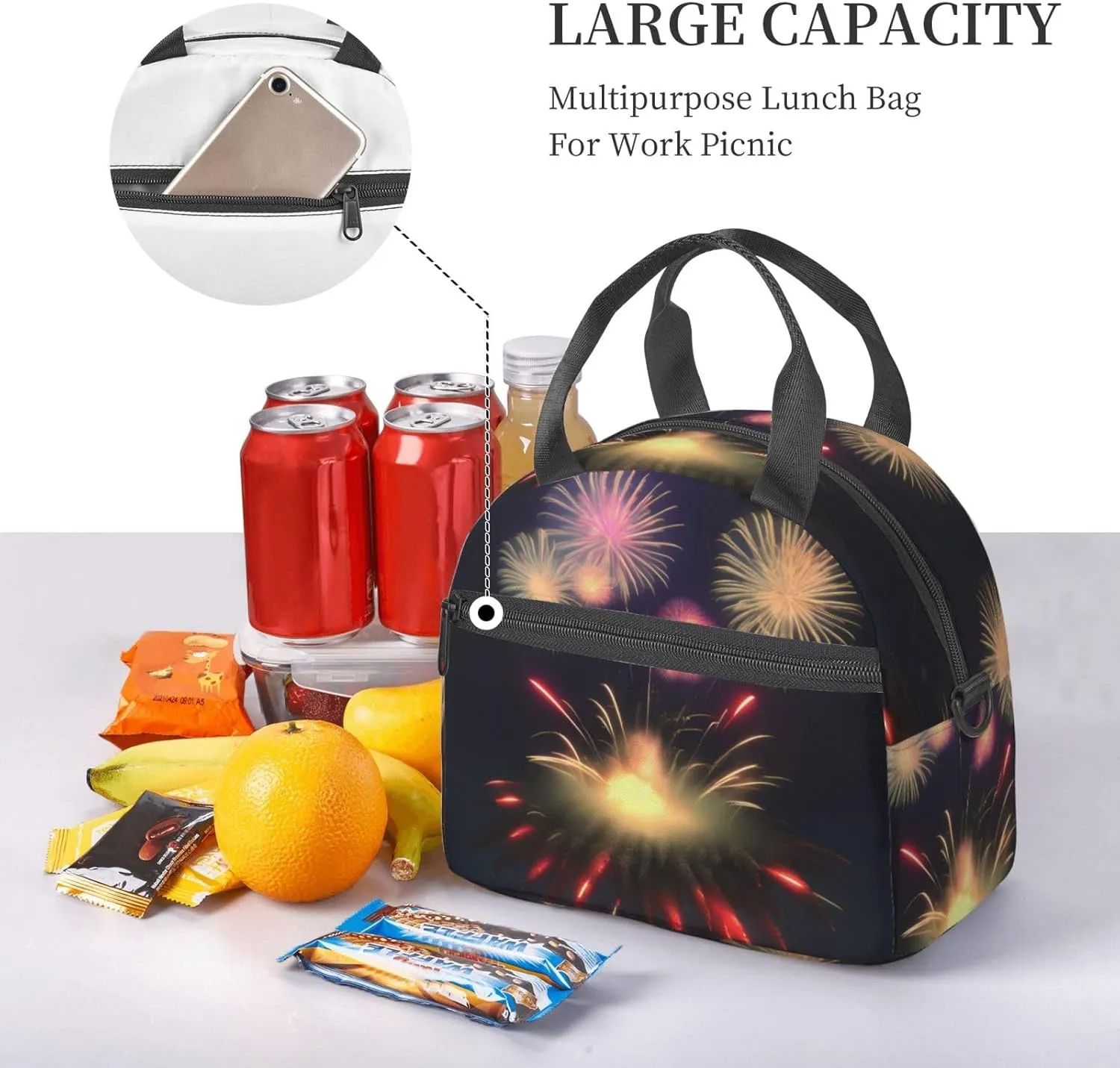 Explosion Fireworks 3d Print Crossbody Insulated Lunch Bags For Women Men Cooler Bag Lightweight Waterproof Lunch Box
