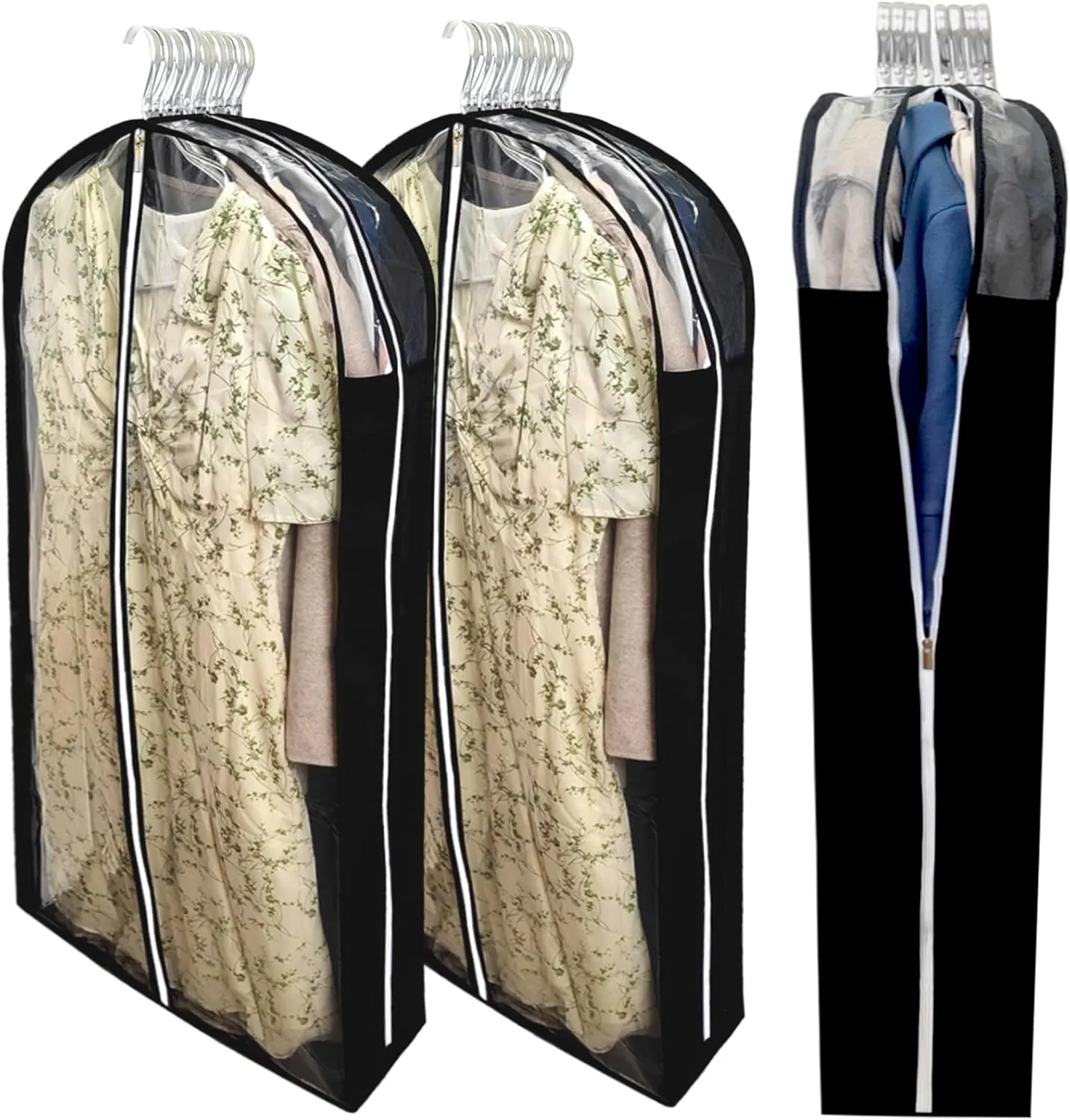 Extra Long Dress Bags for Gowns with 6.3" Gusset, 60" Clear Long Garment Bags for Hanging Clothes, Dresses Covers and Side Zipper Protector for Storage Clothing, Closet and Travel 3 Packs