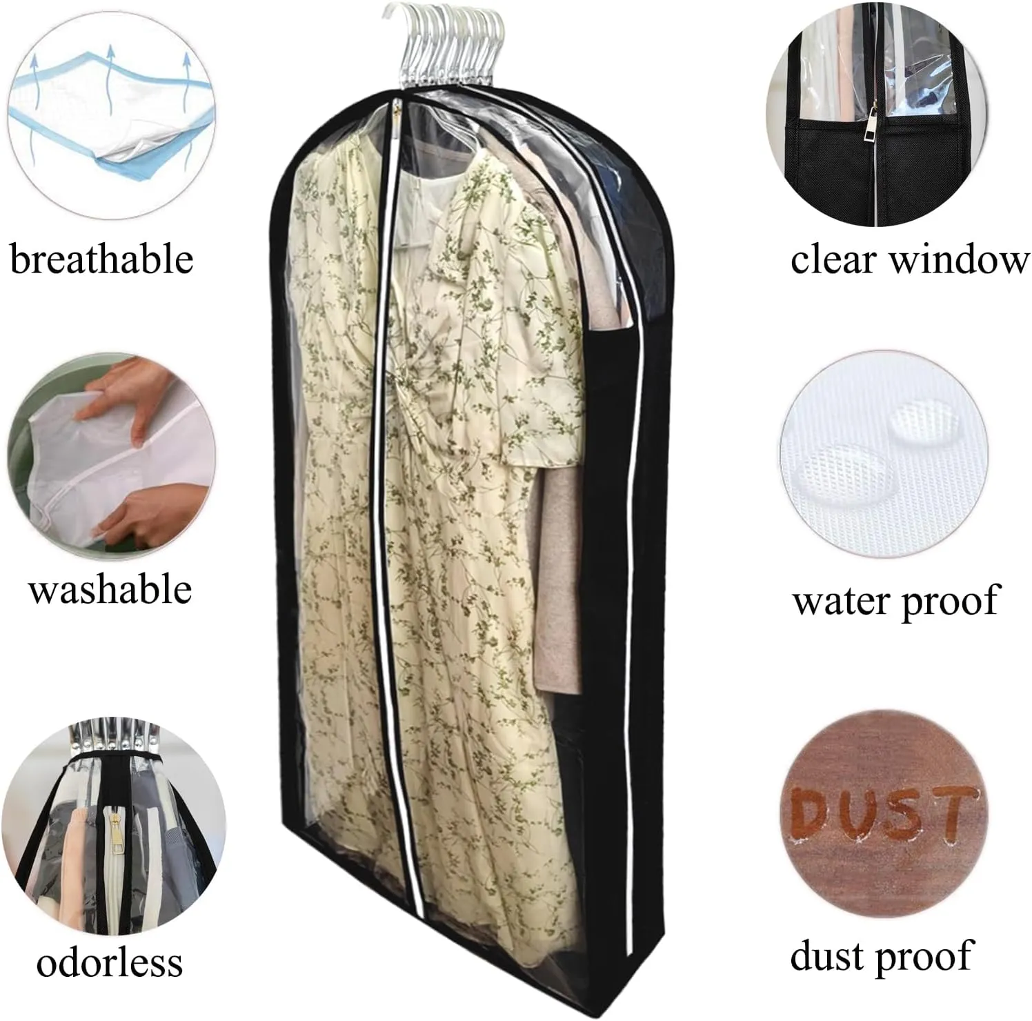 Extra Long Dress Bags for Gowns with 6.3" Gusset, 60" Clear Long Garment Bags for Hanging Clothes, Dresses Covers and Side Zipper Protector for Storage Clothing, Closet and Travel 3 Packs