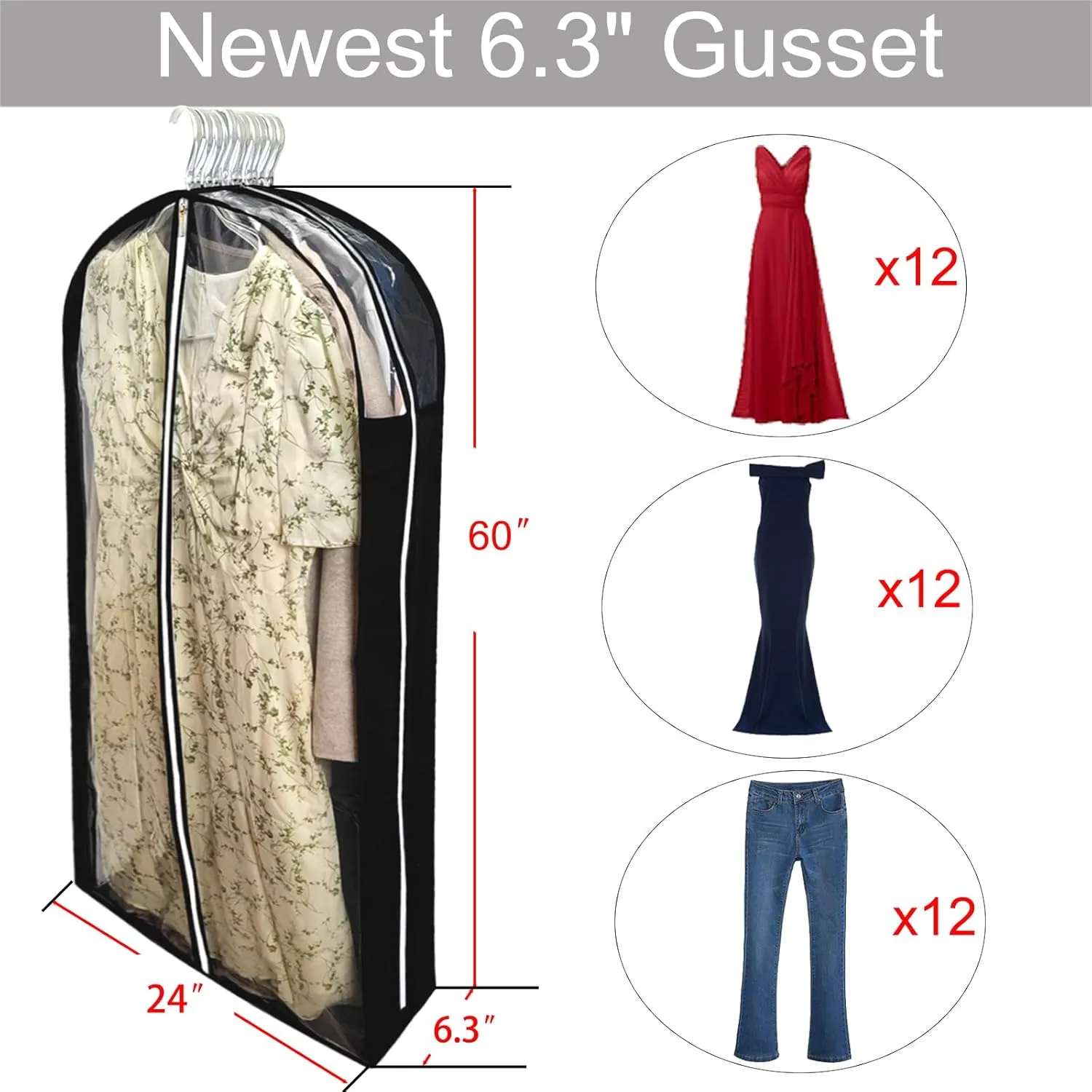 Extra Long Dress Bags for Gowns with 6.3" Gusset, 60" Clear Long Garment Bags for Hanging Clothes, Dresses Covers and Side Zipper Protector for Storage Clothing, Closet and Travel 3 Packs
