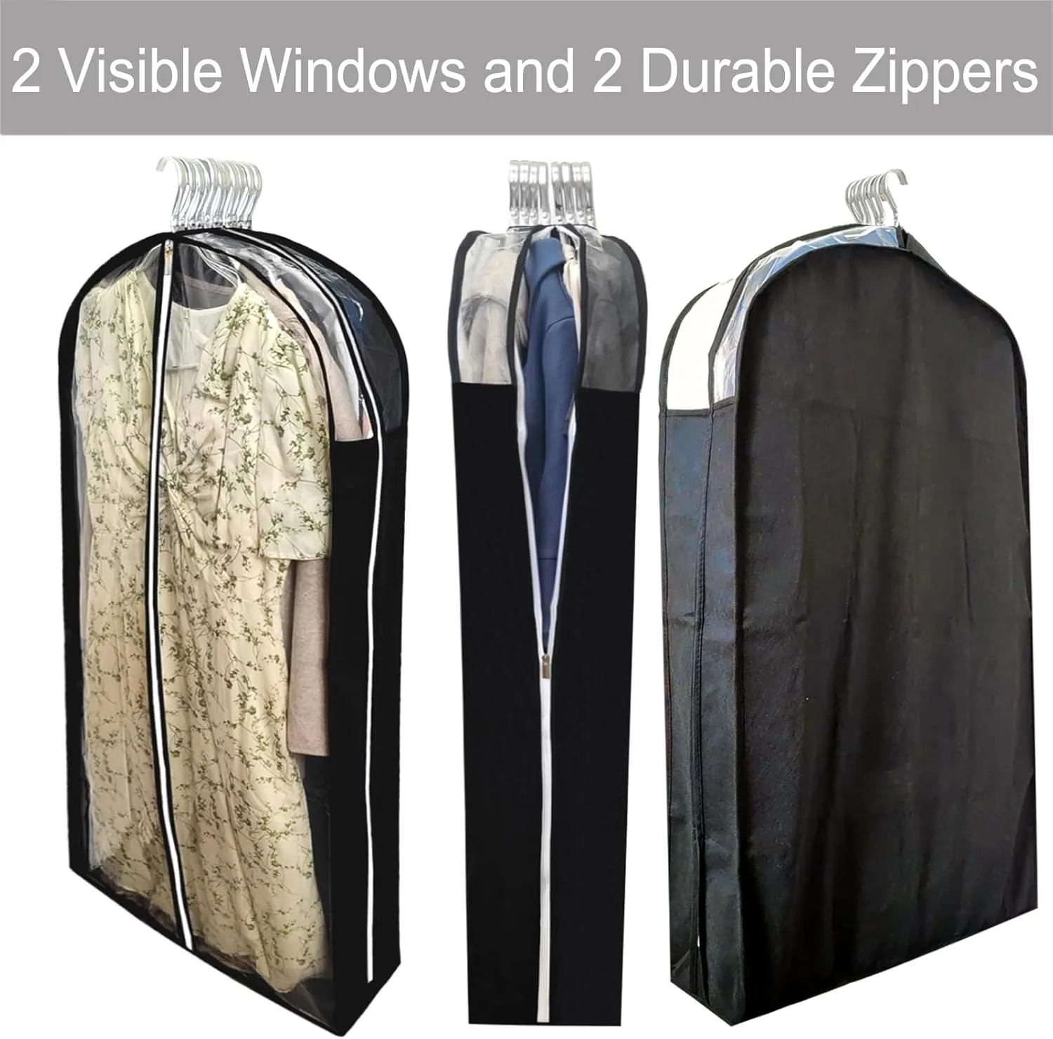 Extra Long Dress Bags for Gowns with 6.3" Gusset, 60" Clear Long Garment Bags for Hanging Clothes, Dresses Covers and Side Zipper Protector for Storage Clothing, Closet and Travel 3 Packs