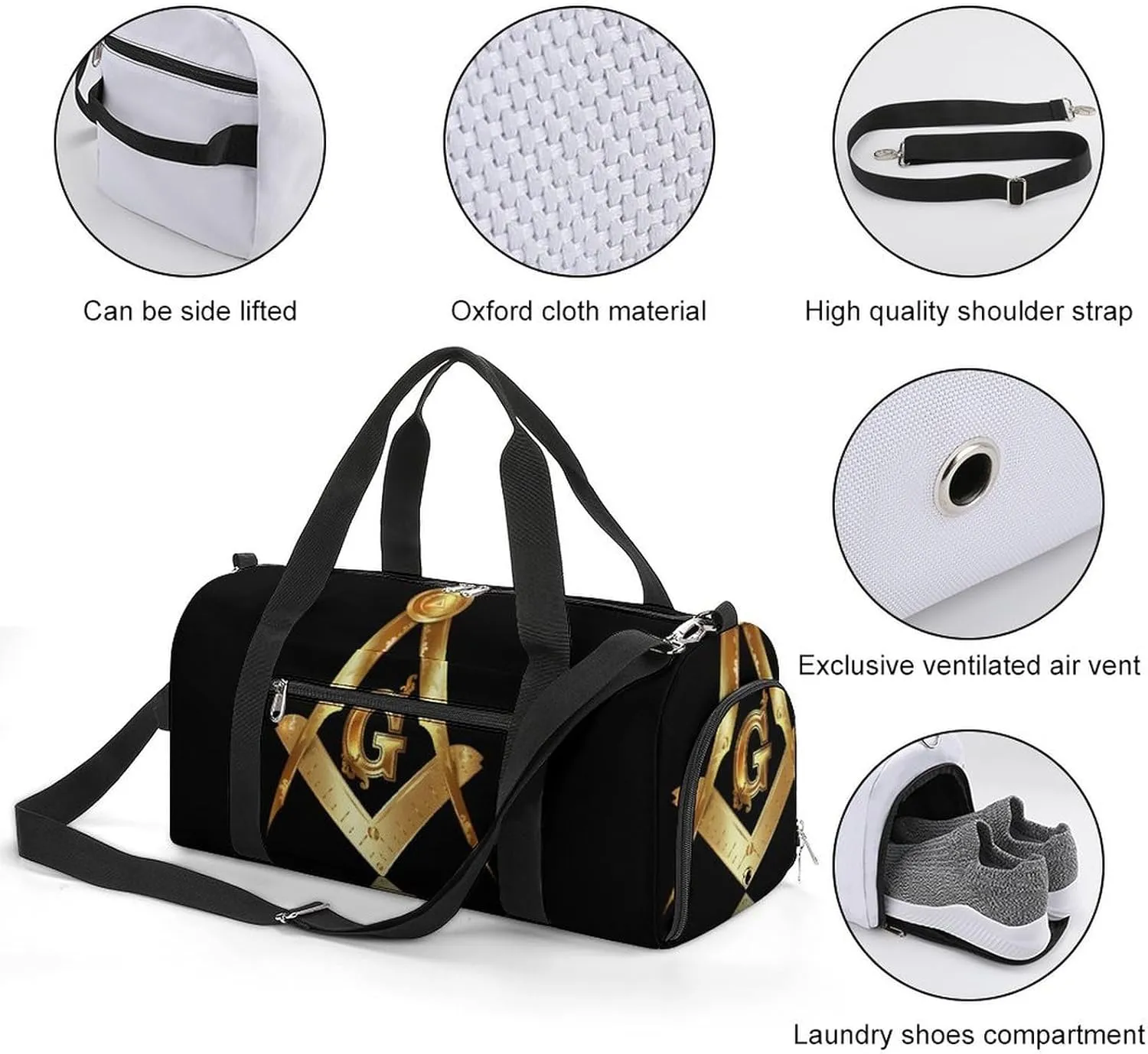 Fashion Overnight Luggage bag Travel Weekender Duffle Bag Sport Beach Yoga bag Compatible with Gold Freemason Freemasonry Masonic
