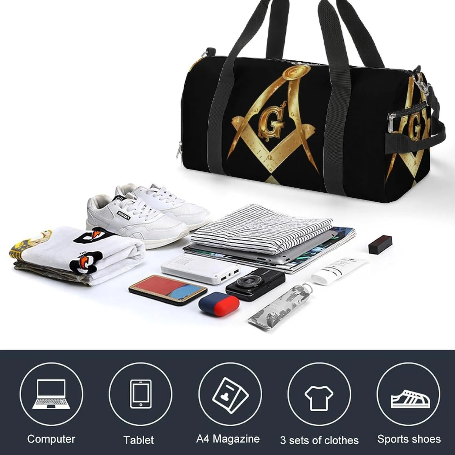 Fashion Overnight Luggage bag Travel Weekender Duffle Bag Sport Beach Yoga bag Compatible with Gold Freemason Freemasonry Masonic