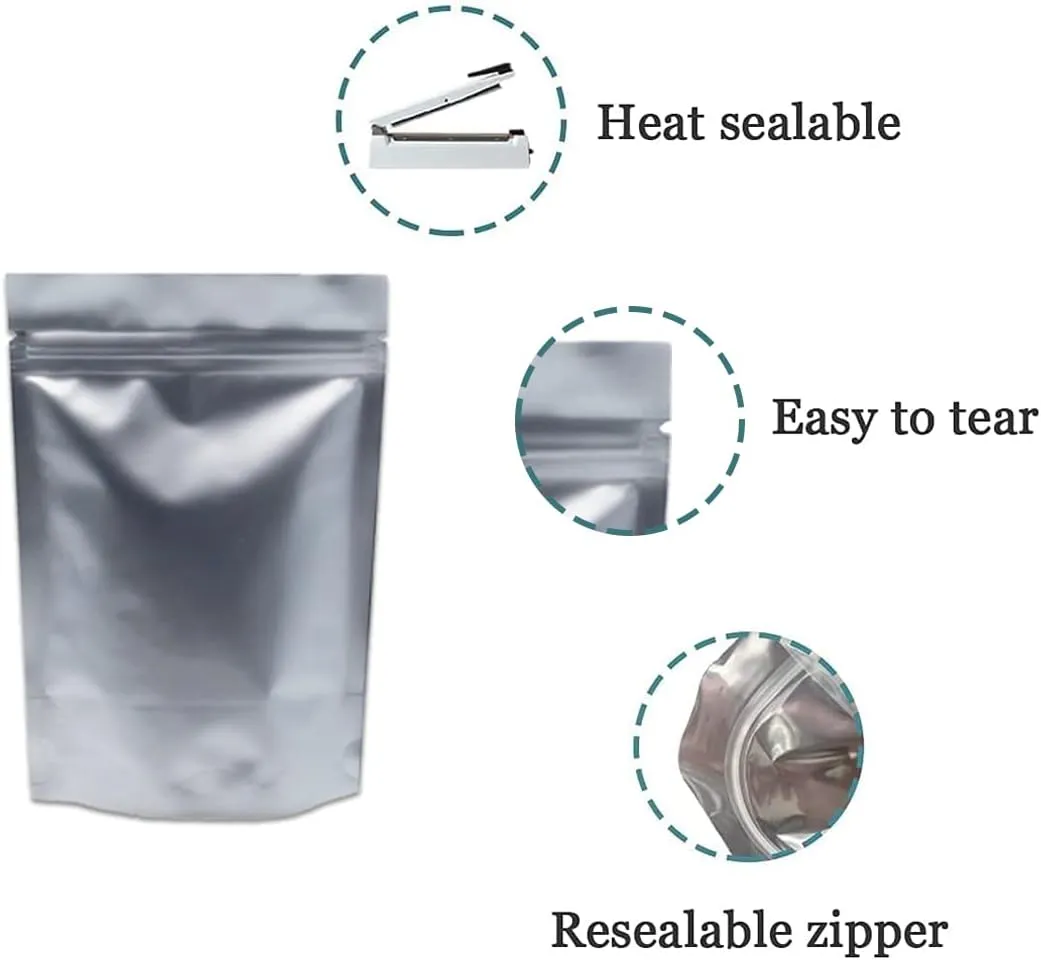 FERENLI 100 Pieces 4.7x7.9 inch Silver Pure Aluminum Foil Stand Up for Zip Mylar Bags Lock Long Term Food Storage Resealable Zipper Lock Bag Heat Seal Airtight Packaging Pouch