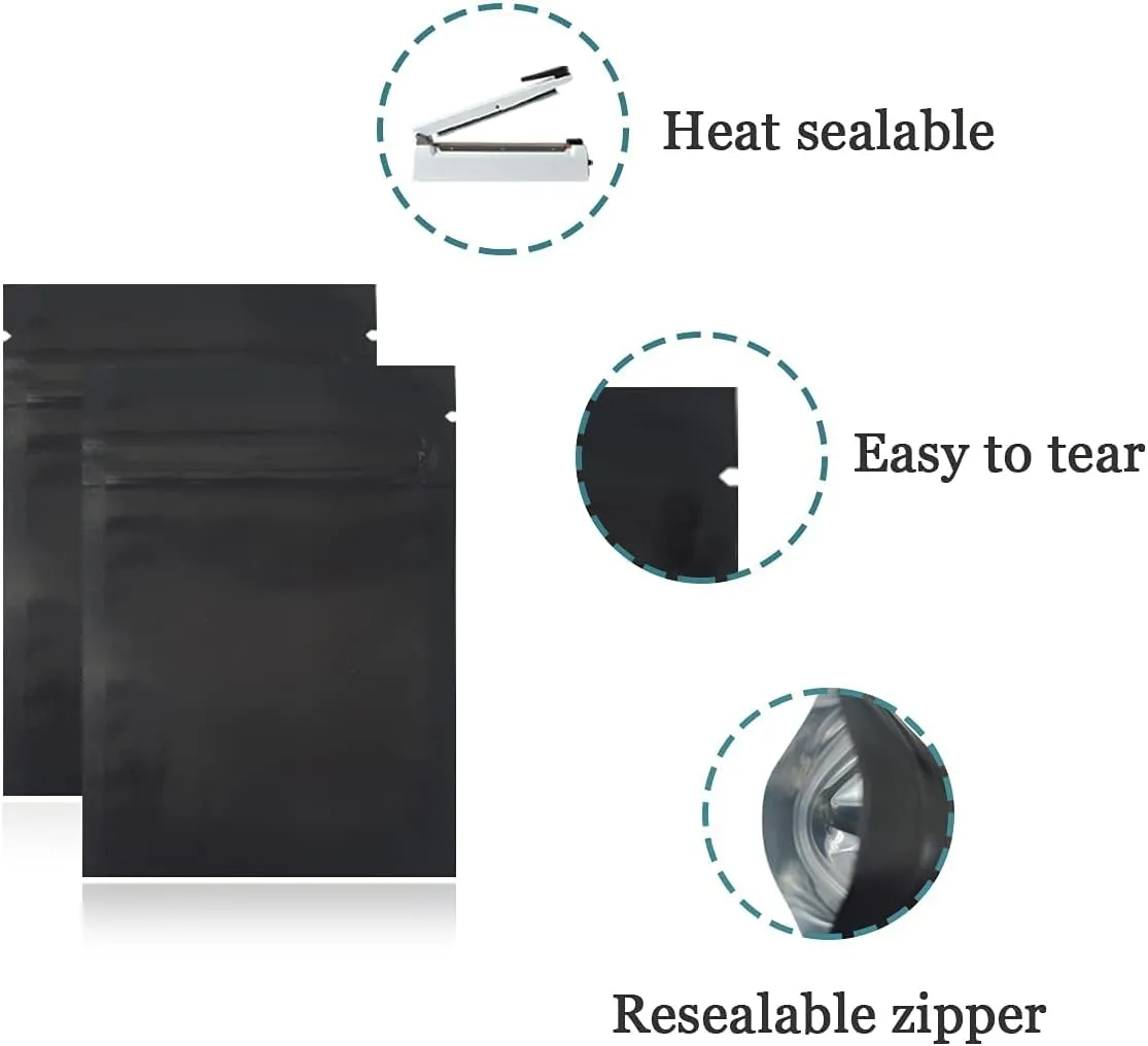 FERENLI 100Pcs Zipper Lock Self Seal Flat Pouch for Zip Aluminum Foil Lock Package Bag Coffee Food Storage Resealable Mylar Bags Heat Sealable Candy Reclosable Bags (10x15cm (3.9x5.9 inch), Black)