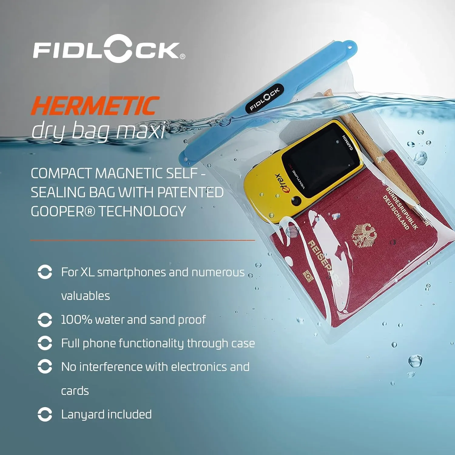 FIDLOCK Hermetic Dry Bag Maxi - Flexible Magnetic Self-Sealing Bag for Cellphone | 100% Waterproof and Sand Proof - Practical Size with a Large Opening, with Lanyard Included - Blue Transparent