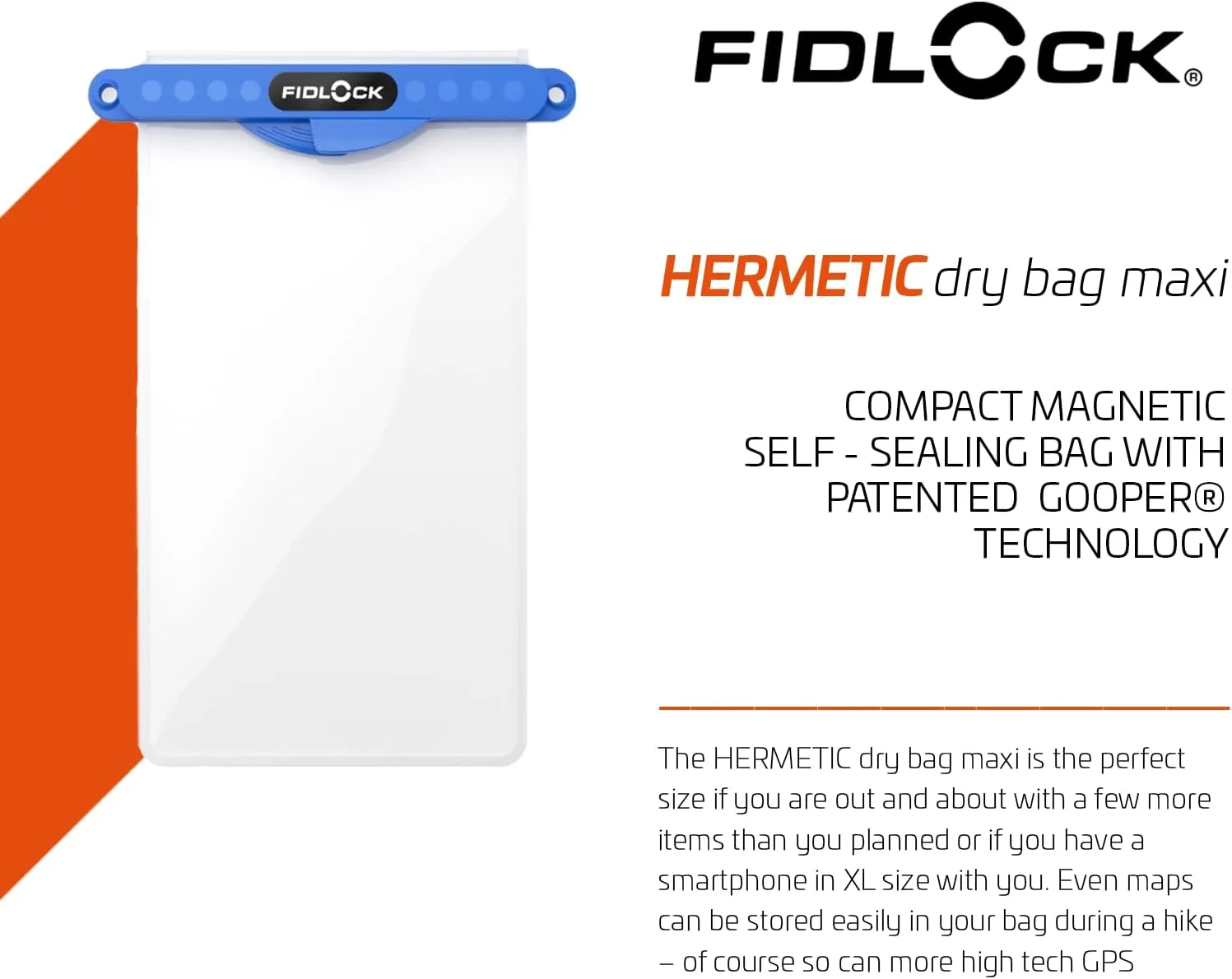 FIDLOCK Hermetic Dry Bag Maxi - Flexible Magnetic Self-Sealing Bag for Cellphone | 100% Waterproof and Sand Proof - Practical Size with a Large Opening, with Lanyard Included - Blue Transparent