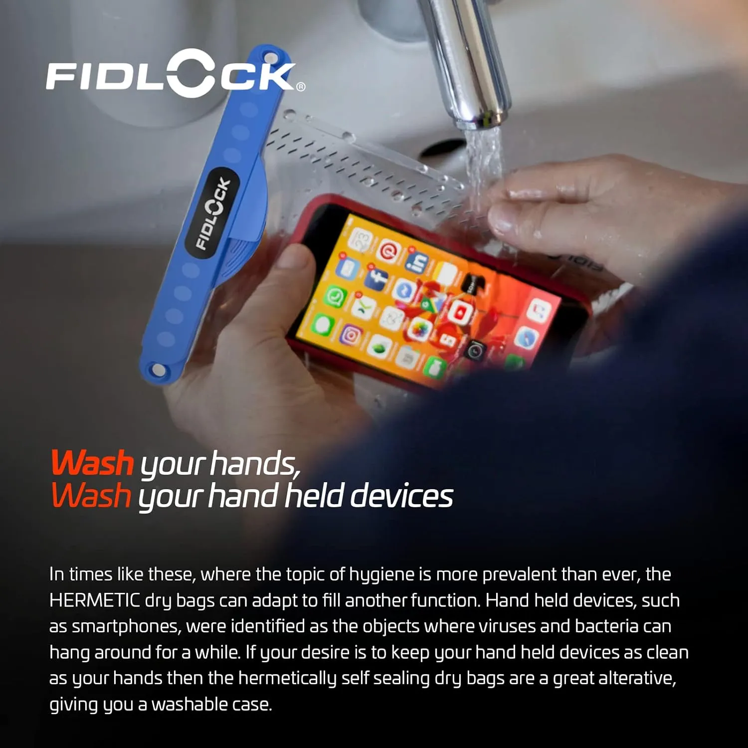 FIDLOCK Hermetic Dry Bag Maxi - Flexible Magnetic Self-Sealing Bag for Cellphone | 100% Waterproof and Sand Proof - Practical Size with a Large Opening, with Lanyard Included - Blue Transparent