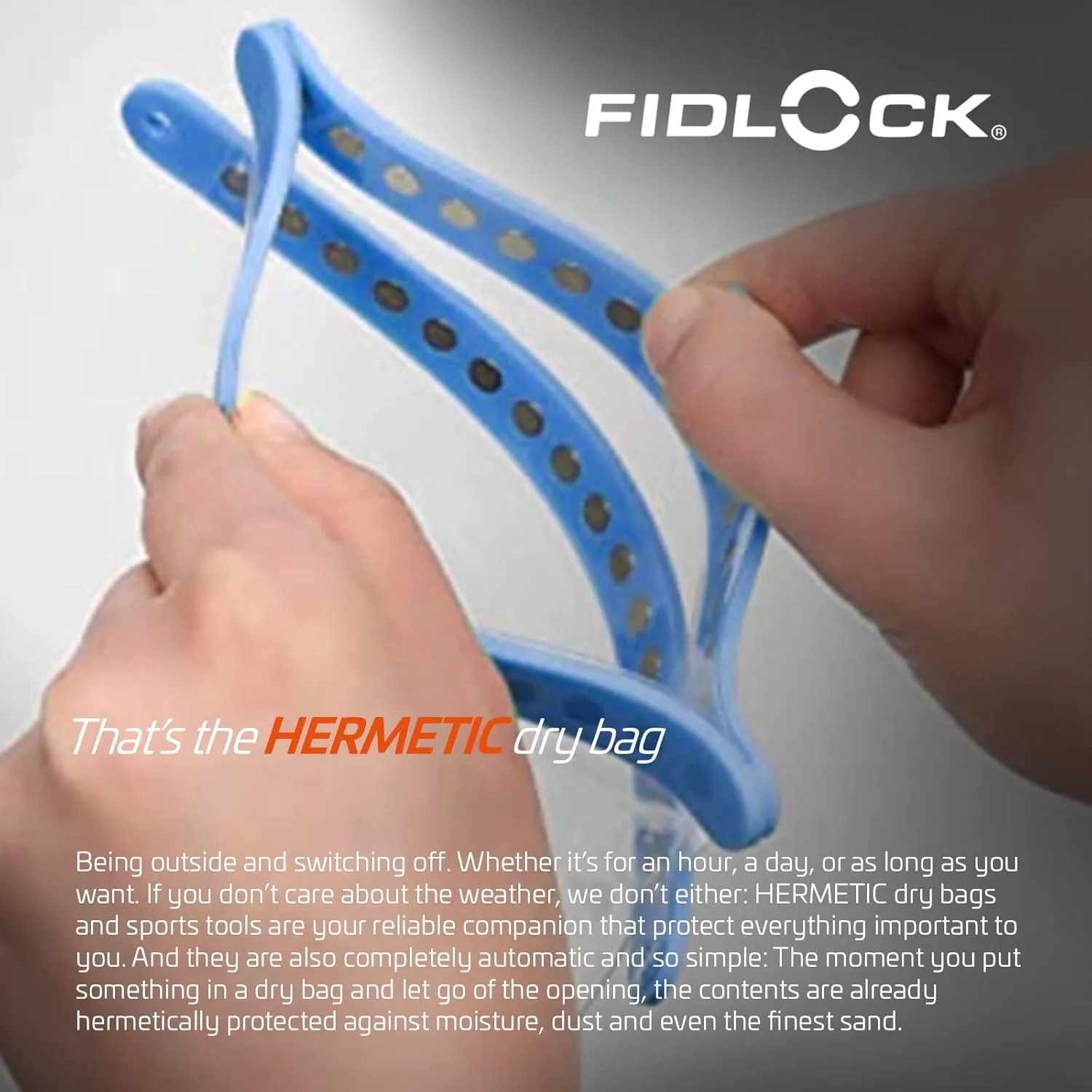 FIDLOCK Hermetic Dry Bag Maxi - Flexible Magnetic Self-Sealing Bag for Cellphone | 100% Waterproof and Sand Proof - Practical Size with a Large Opening, with Lanyard Included - Blue Transparent