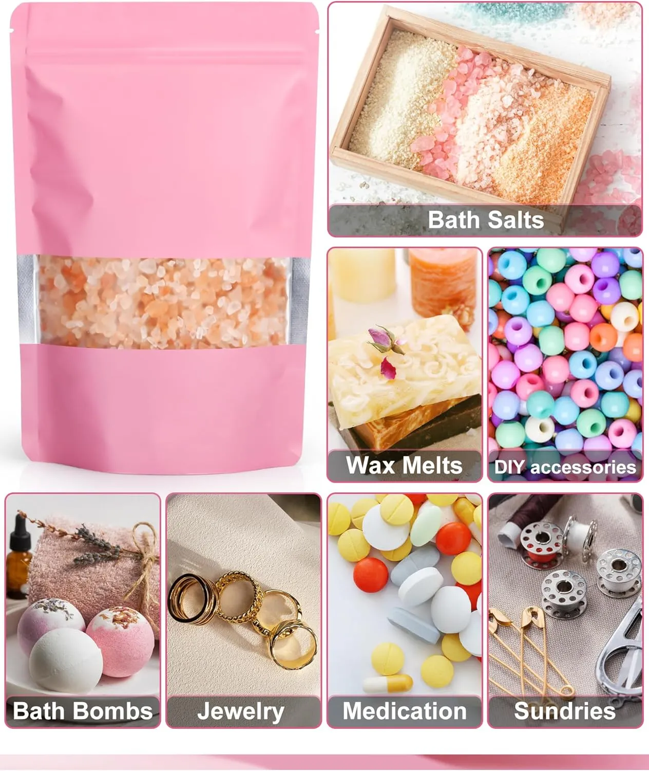 FireKylin 100 Pack Smell Proof Bags 4.7" x 7.9", Resealable Bags with Matte Window, Foil Pouch Stand Up Sealable Bags for Packaging（Pink）