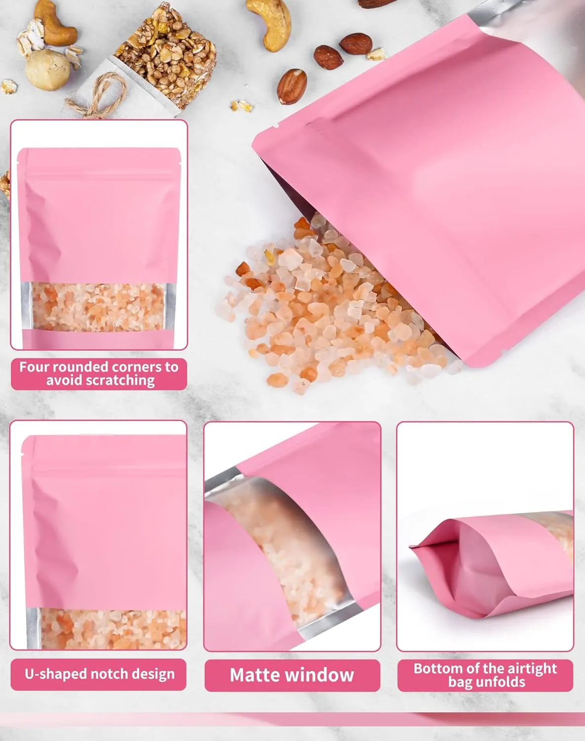 FireKylin 100 Pack Smell Proof Bags 4.7" x 7.9", Resealable Bags with Matte Window, Foil Pouch Stand Up Sealable Bags for Packaging（Pink）
