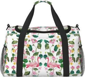 Flamingo Bird Round Leaves print Large Canvas Travel Duffel Bag Weekender Bags for Women Overnight Bag Carry On Tote Bag