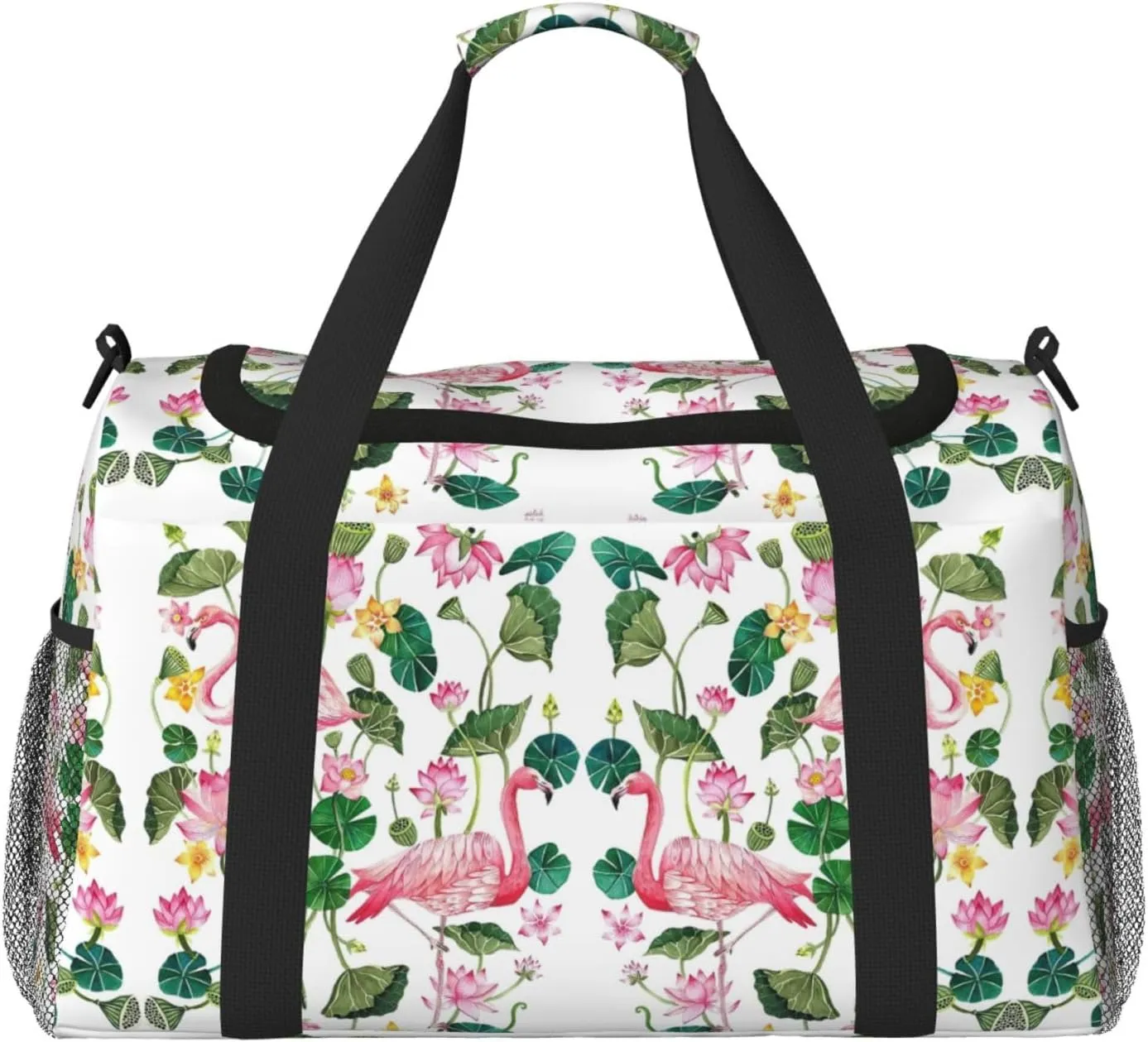 Flamingo Bird Round Leaves print Large Canvas Travel Duffel Bag Weekender Bags for Women Overnight Bag Carry On Tote Bag