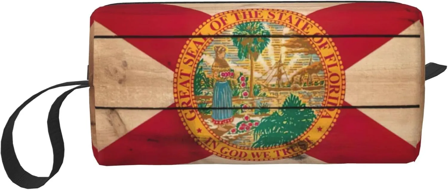 Florida flag wood grain print Travel Cosmetic Bag Gifts for Women Portable Make Up Bags for Women Mother Sister