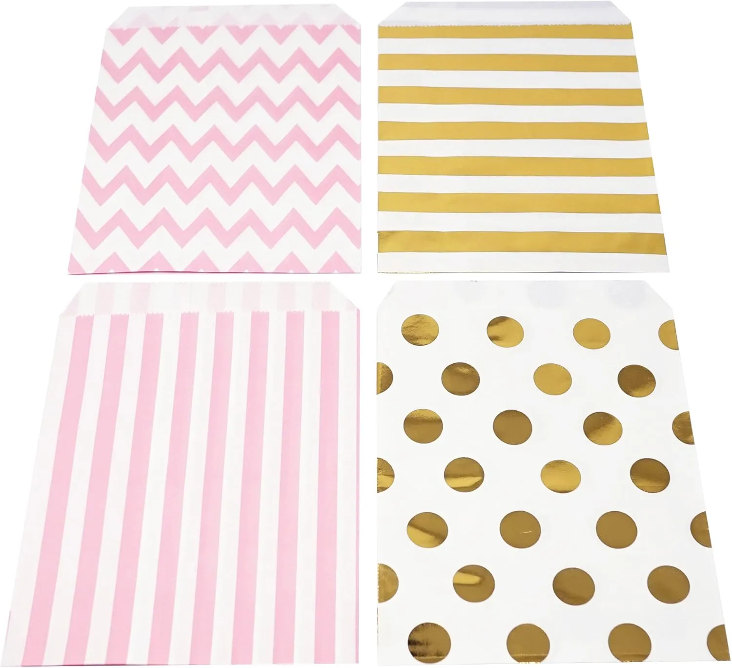 Food Safe Biodegradable Paper Candy Favor & Treat Bags for All Parties - 48 Count Assorted, 7x5 Size (Pink, Gold Foil)
