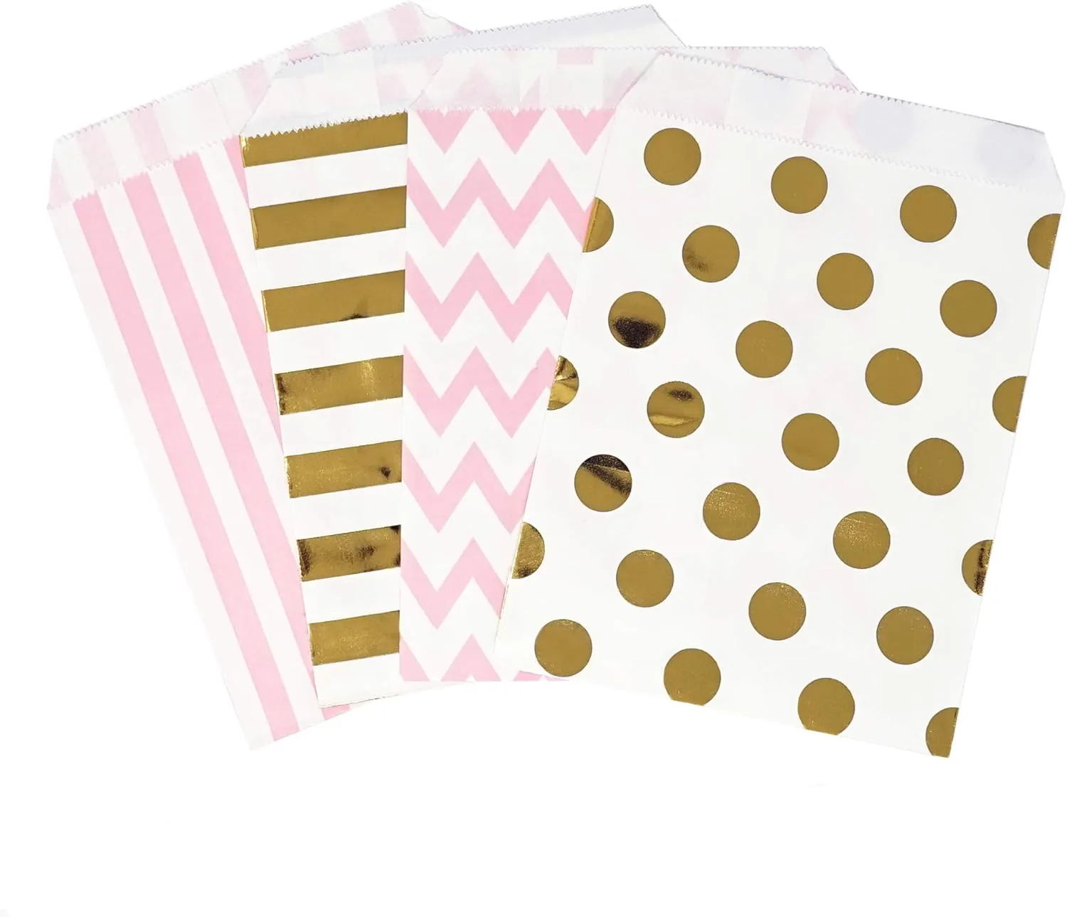 Food Safe Biodegradable Paper Candy Favor & Treat Bags for All Parties - 48 Count Assorted, 7x5 Size (Pink, Gold Foil)
