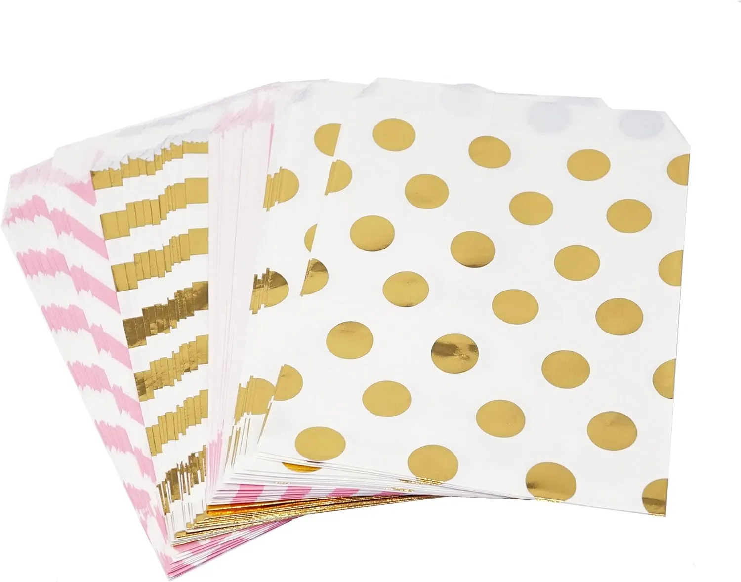 Food Safe Biodegradable Paper Candy Favor & Treat Bags for All Parties - 48 Count Assorted, 7x5 Size (Pink, Gold Foil)