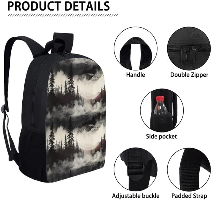 Forest Ink Wash Hand Drawing 3 in 1 School Bags Set Backpacks With Landspace Wash Drawing Lunch Bags and Pencil Case for Teens Students Boys Girls