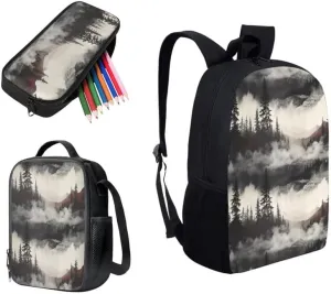 Forest Ink Wash Hand Drawing 3 in 1 School Bags Set Backpacks With Landspace Wash Drawing Lunch Bags and Pencil Case for Teens Students Boys Girls