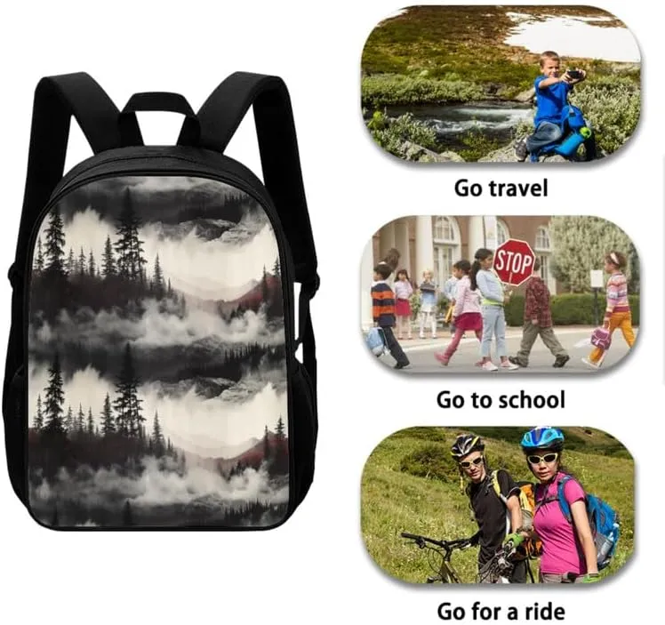Forest Ink Wash Hand Drawing 3 in 1 School Bags Set Backpacks With Landspace Wash Drawing Lunch Bags and Pencil Case for Teens Students Boys Girls