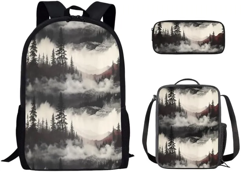 Forest Ink Wash Hand Drawing 3 in 1 School Bags Set Backpacks With Landspace Wash Drawing Lunch Bags and Pencil Case for Teens Students Boys Girls