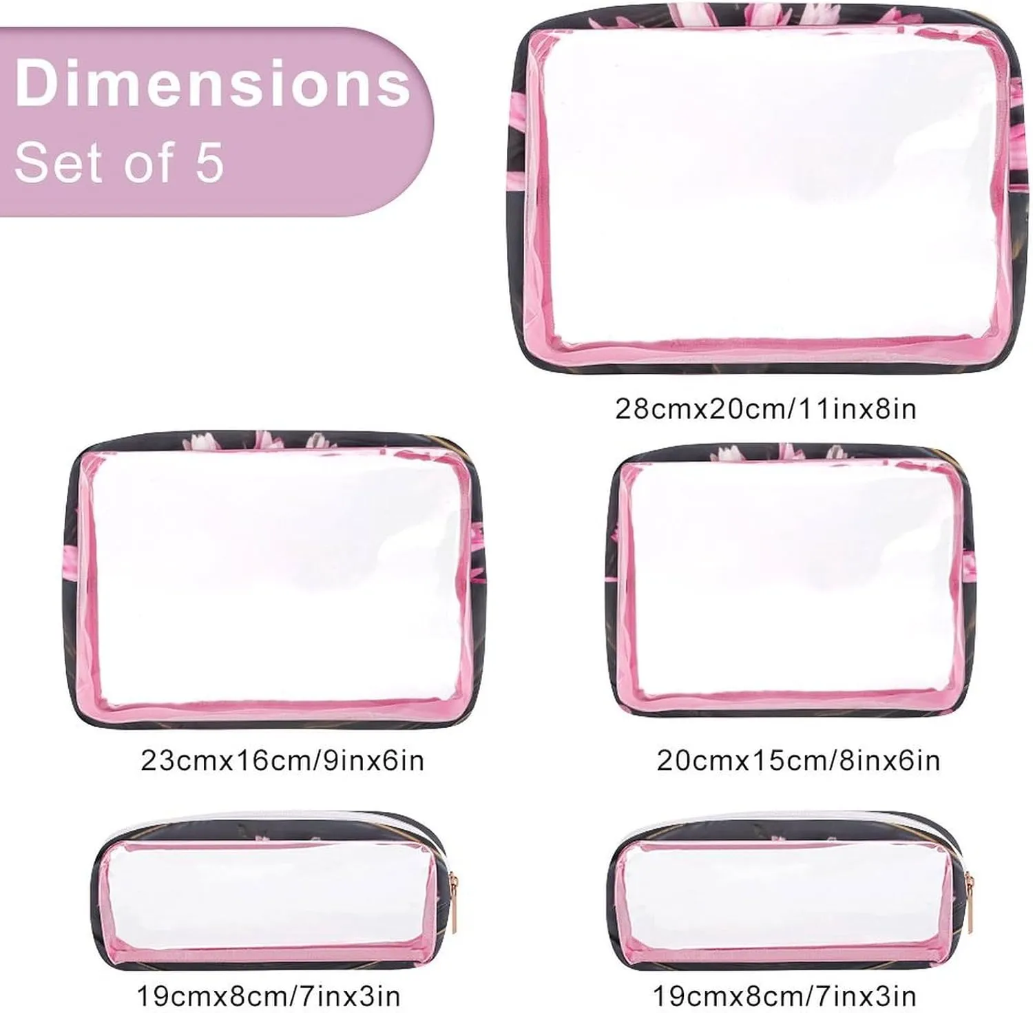 Freshly Picked Tulips Transparent Storage Bag, 5-piece Makeup Bag Set, Transparent PVC with Portable Travel Storage Bag Pink-style