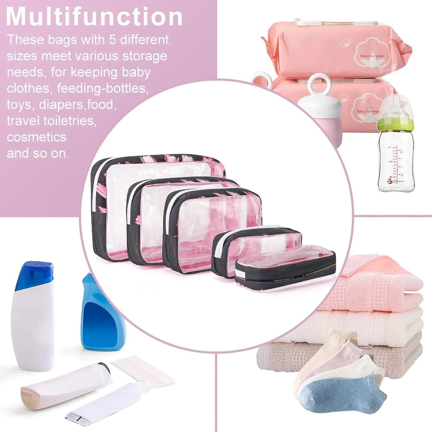 Freshly Picked Tulips Transparent Storage Bag, 5-piece Makeup Bag Set, Transparent PVC with Portable Travel Storage Bag Pink-style