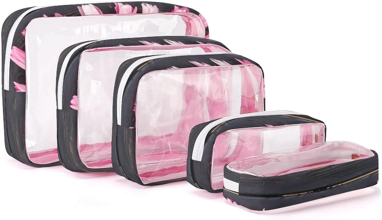 Freshly Picked Tulips Transparent Storage Bag, 5-piece Makeup Bag Set, Transparent PVC with Portable Travel Storage Bag Pink-style