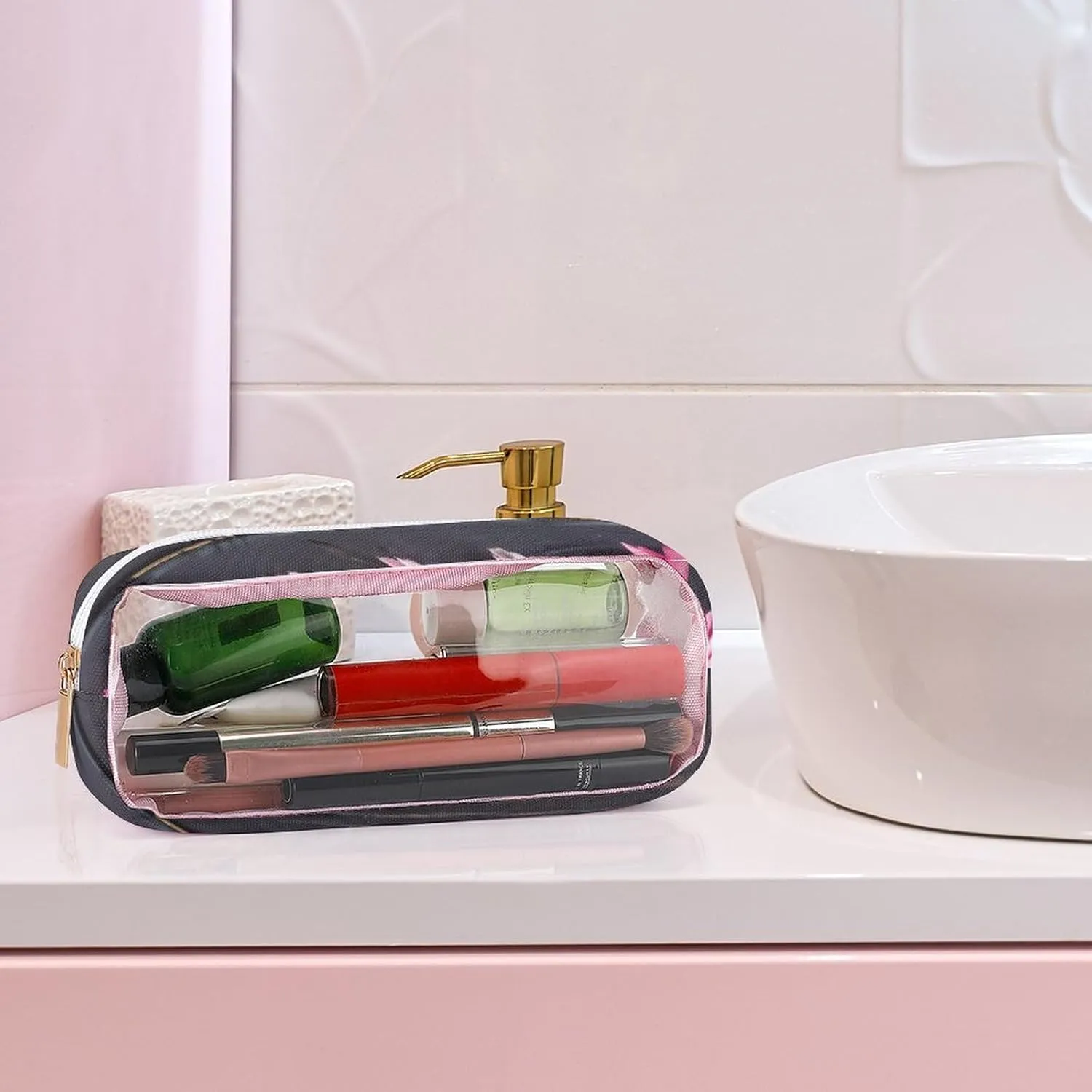 Freshly Picked Tulips Transparent Storage Bag, 5-piece Makeup Bag Set, Transparent PVC with Portable Travel Storage Bag Pink-style