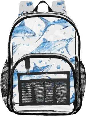FRODOTGV Blue Swordfish Kids Clear Backpack for School Clear Book Bag for Girls Boys Transparent Seethrough Heavy Duty Bag